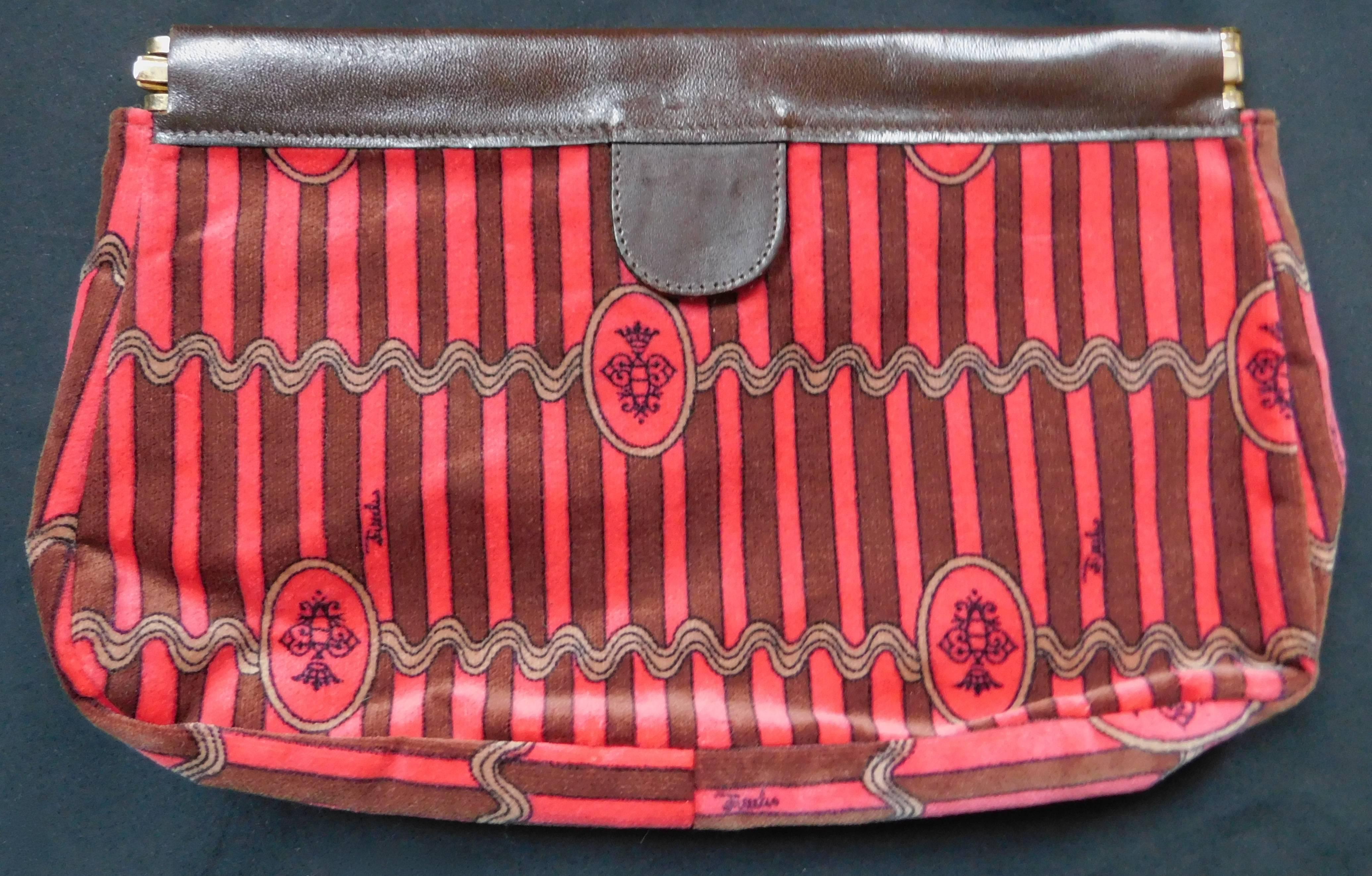 Vintage Emilio Pucci Cotton Print Brown and Pink Striped Velvet Clutch Handbag  Damen im Angebot