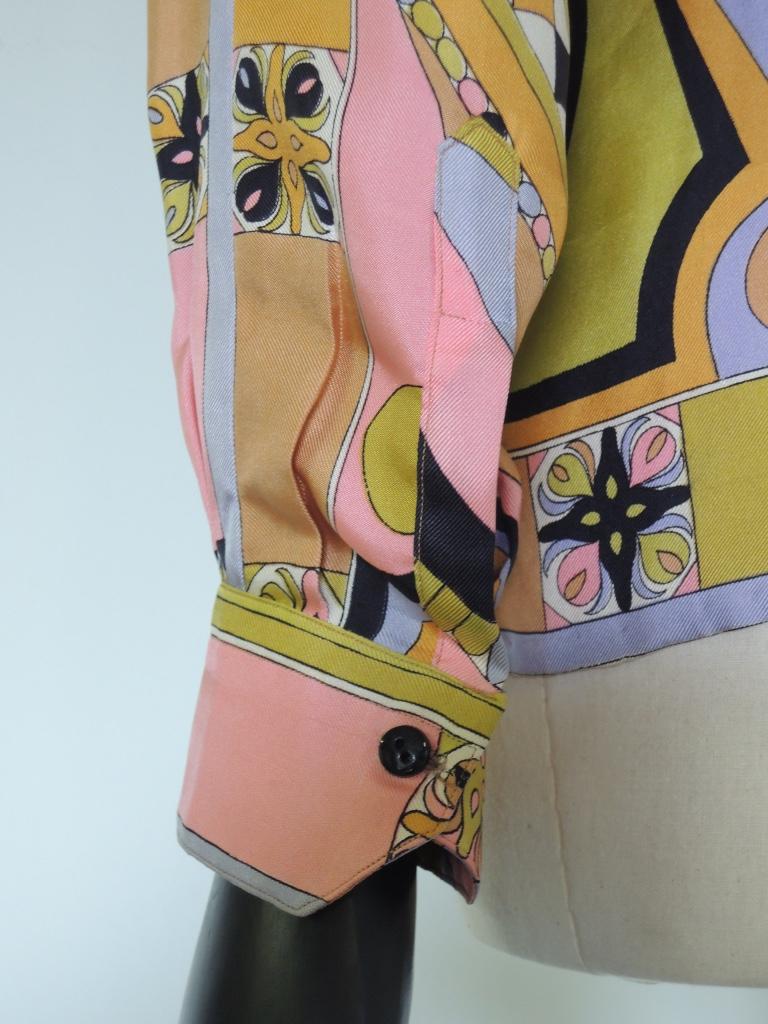Brown Vintage Emilio Pucci Multicolor Psychedelic Long Sleeve Silk Blouse For Sale
