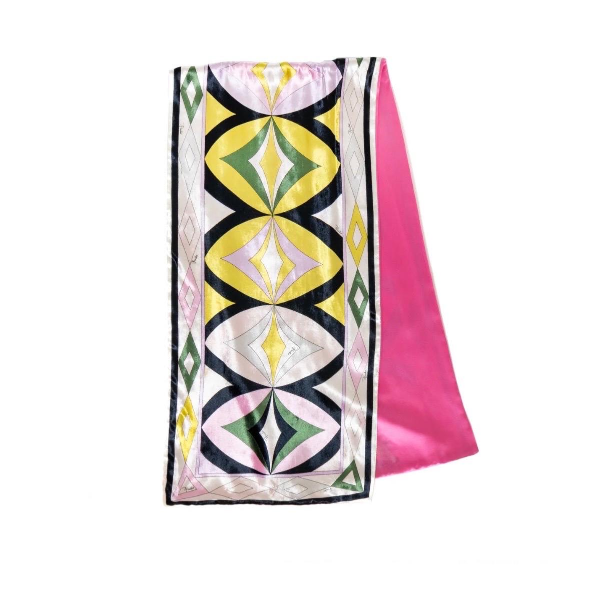 Multicolor rectangle scarf by Emilio Pucci
Rectangular opera style
Pink, green, yellow abstract pattern
Pink silky lining 
Fabric Composition: unknown; velour, lining feels like silk
Condition: good, visible signs of wear on corner and lining;