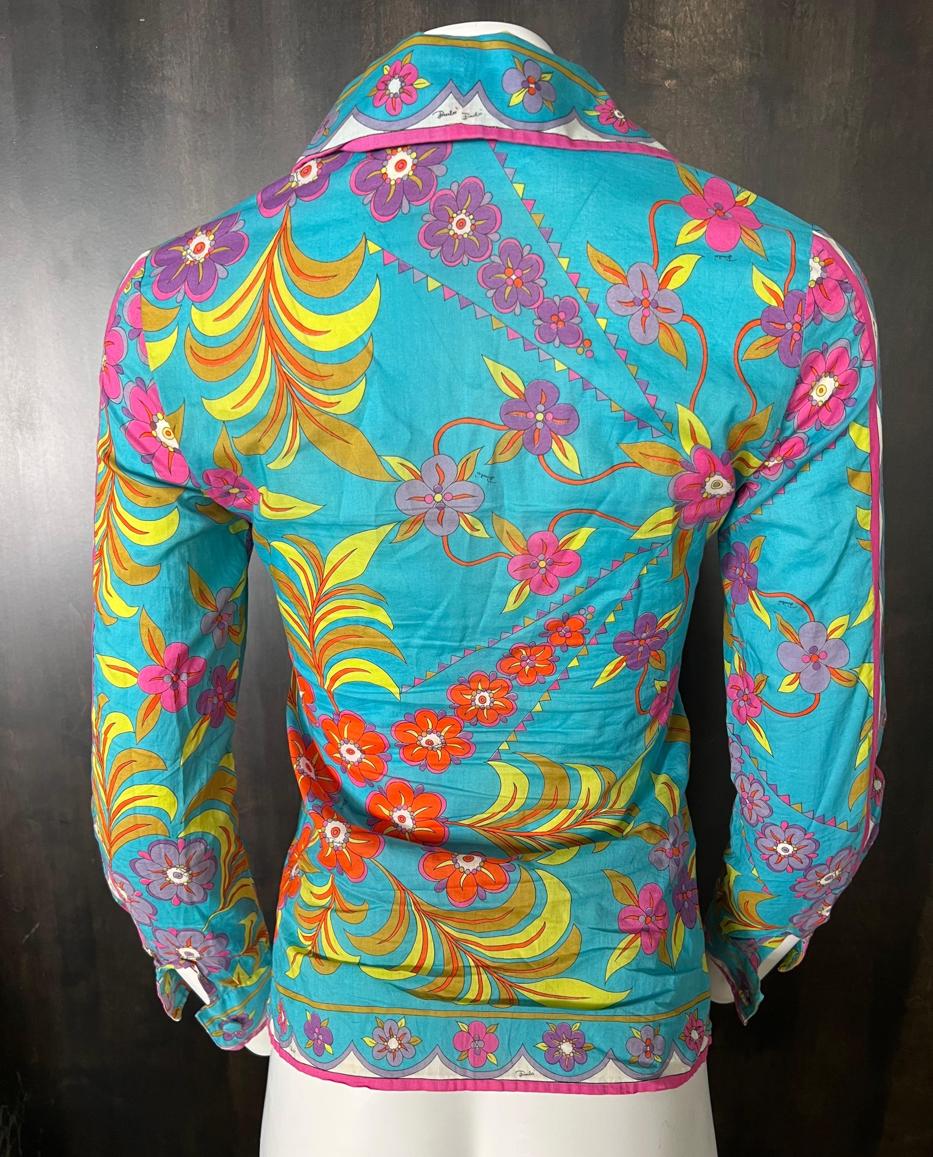 Vintage Emilio Pucci Multicolored Button Down Shirt Blouse, Size 8 For Sale 3