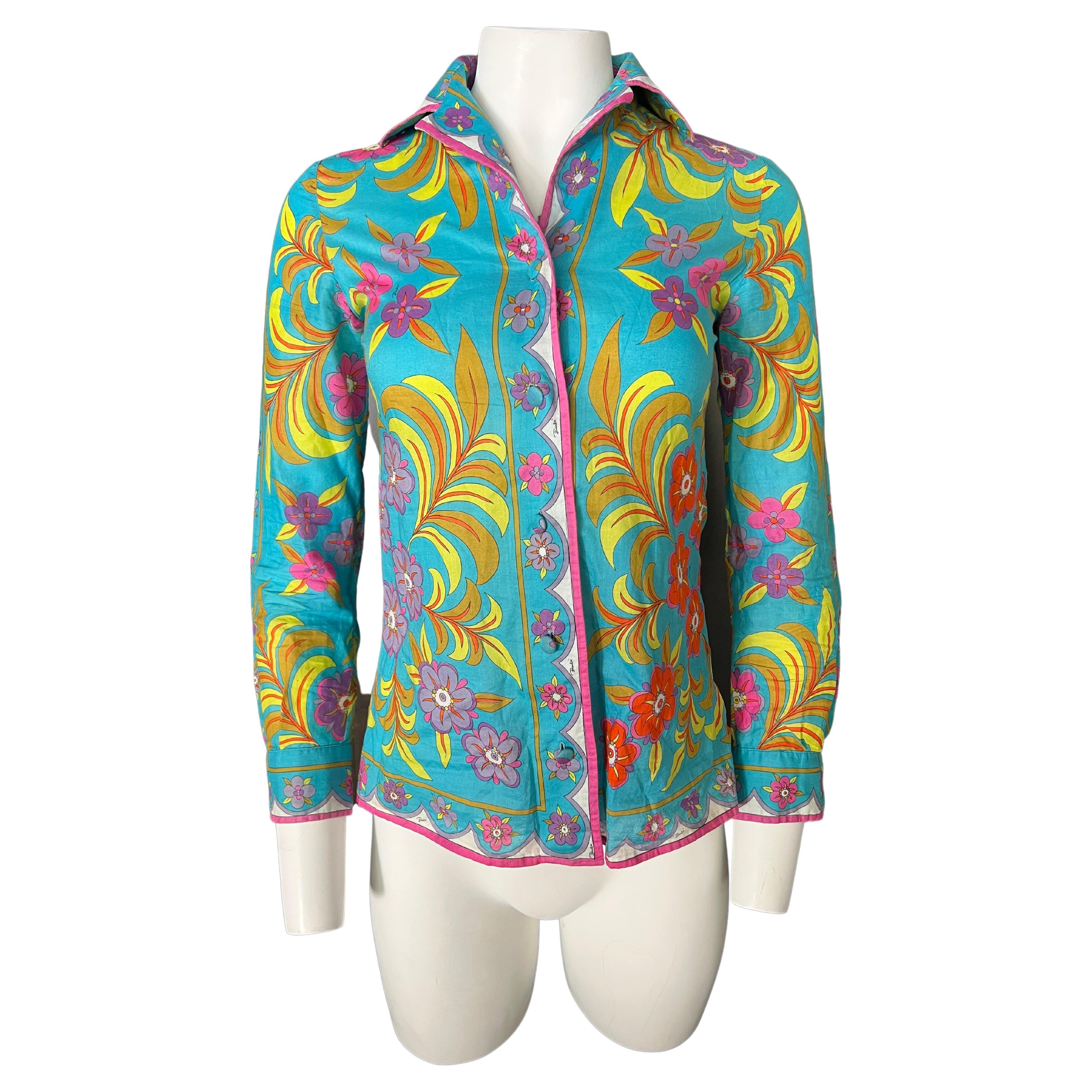 Vintage Emilio Pucci Multicolored Button Down Shirt Blouse, Size 8 For Sale