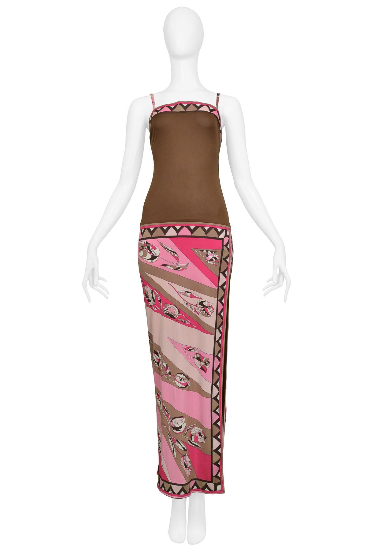 Resurrection Vintage is excited to offer a vintage Emilio Pucci pink and brown silk jersey evening gown featuring an abstract print with 