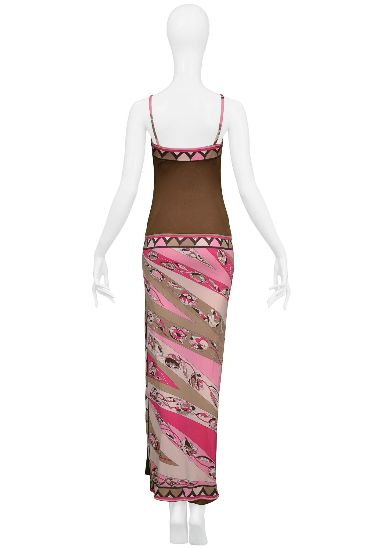 Vintage Emilio Pucci Pink & Brown Abstract Print Silk Jersey Gown In Excellent Condition In Los Angeles, CA