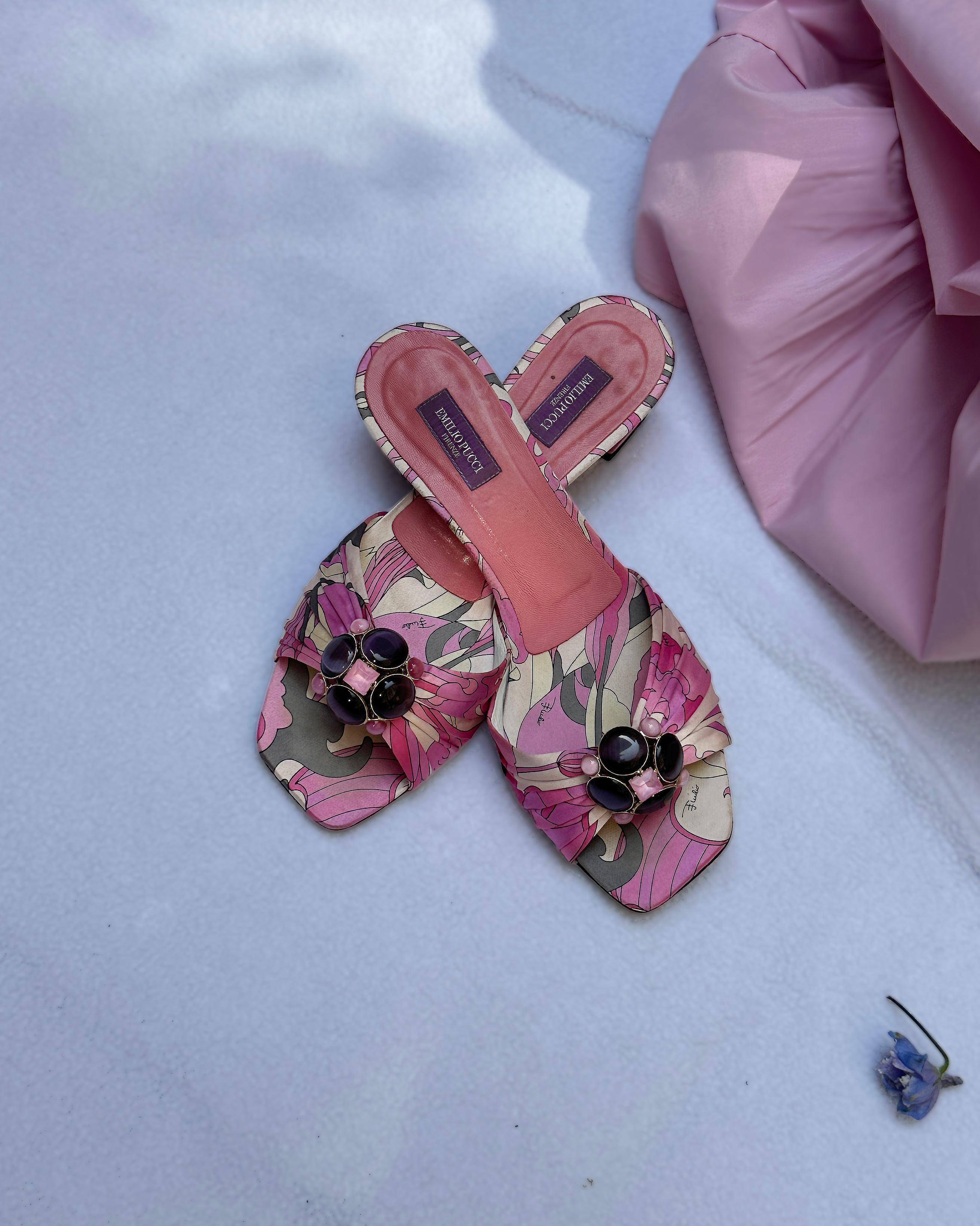 Brown Vintage Emilio Pucci Printed Satin Embellished Slides For Sale