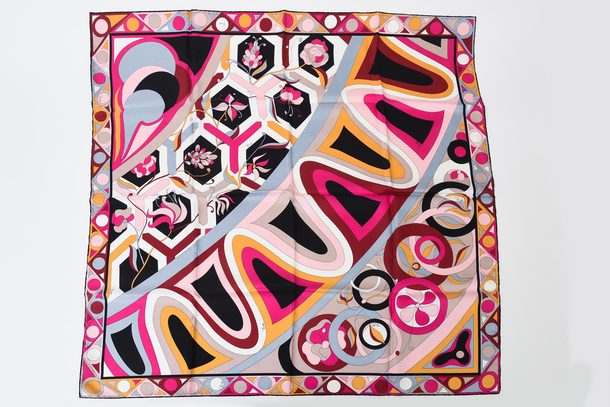 Vintage Emilio Pucci Seide Abstrakte Grafik Schal Rosa, Grau, Schwarz, Weiß im Angebot 9