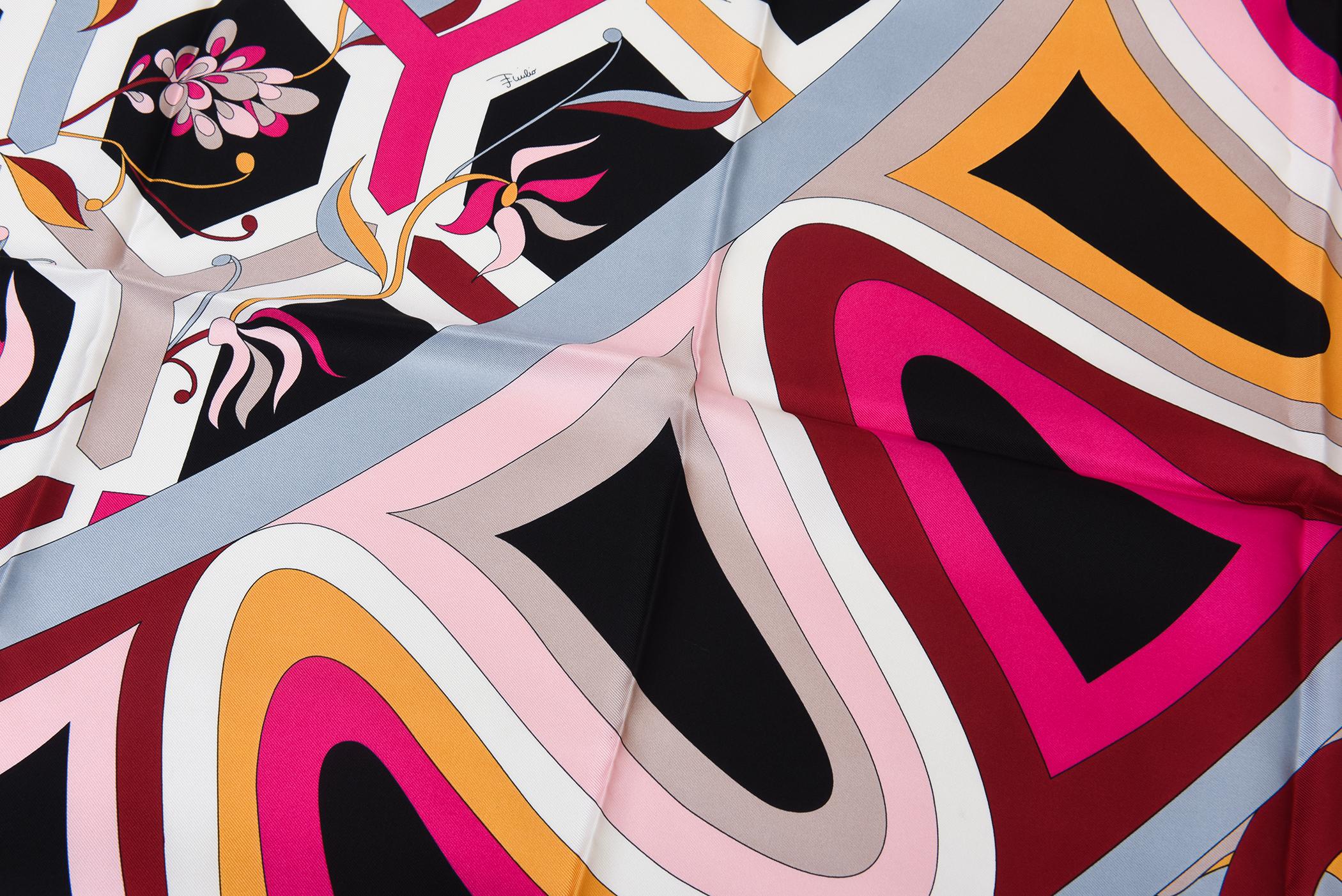 Vintage Emilio Pucci Seide Abstrakte Grafik Schal Rosa, Grau, Schwarz, Weiß im Angebot 11