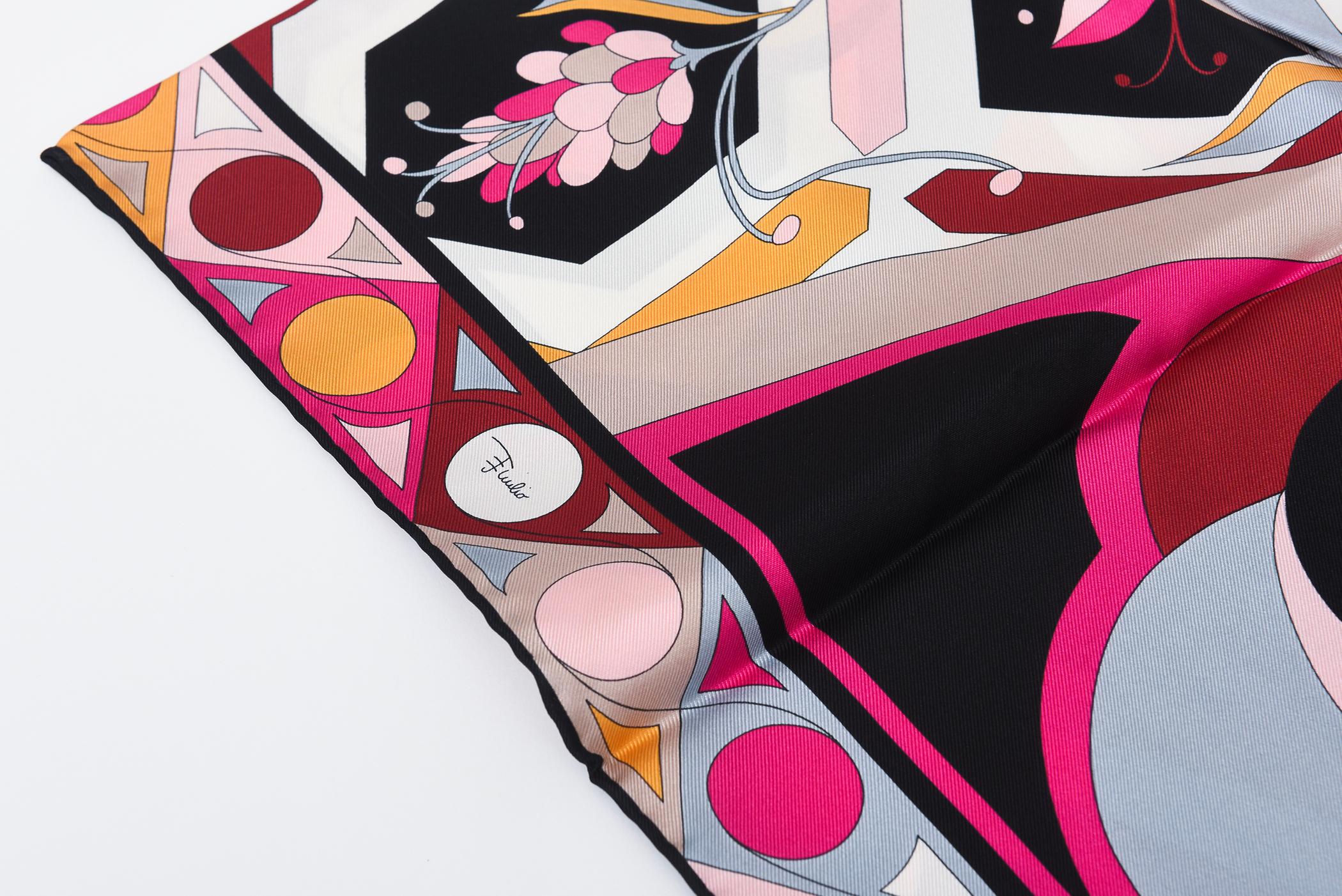 Vintage Emilio Pucci Seide Abstrakte Grafik Schal Rosa, Grau, Schwarz, Weiß Damen im Angebot