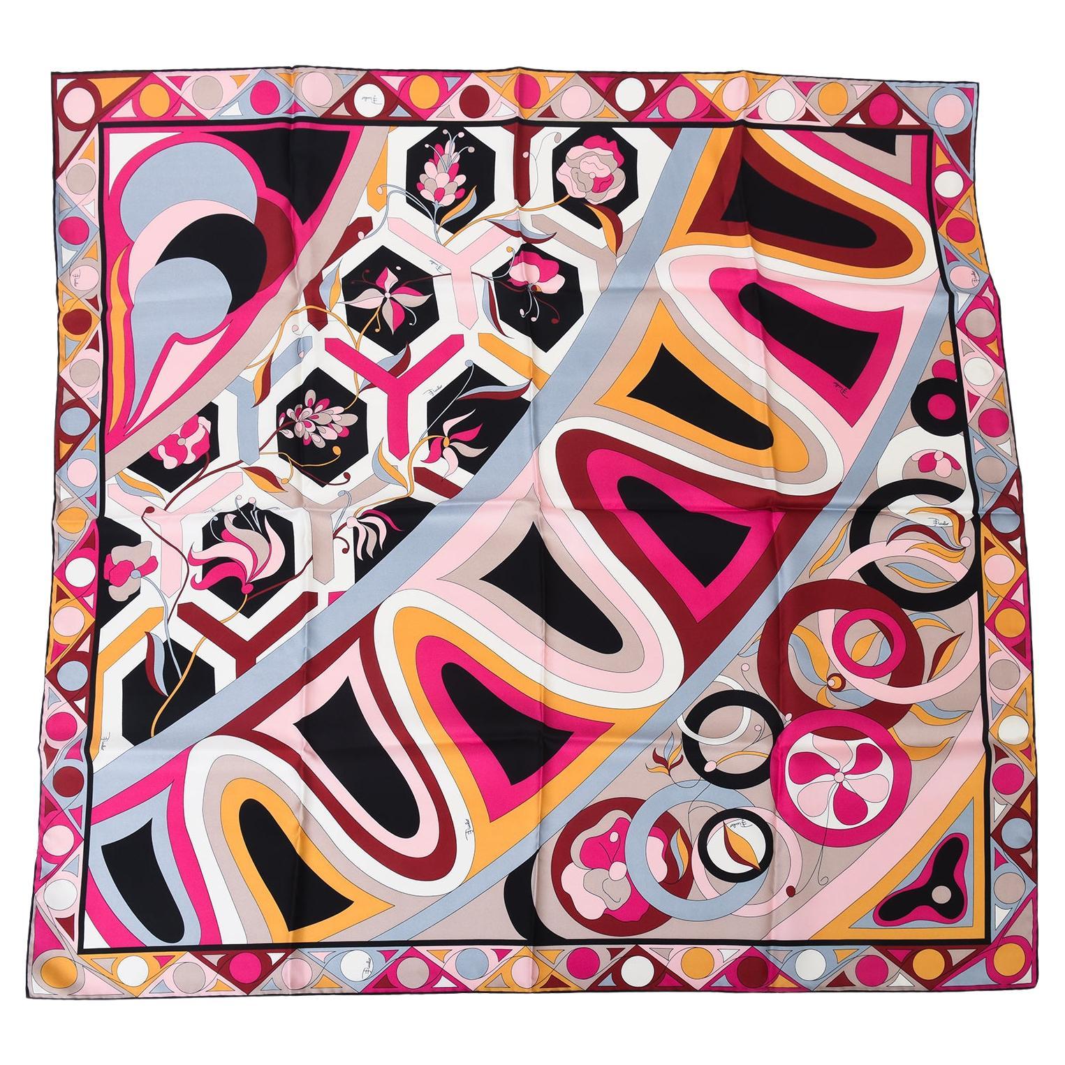 Vintage Emilio Pucci Seide Abstrakte Grafik Schal Rosa, Grau, Schwarz, Weiß