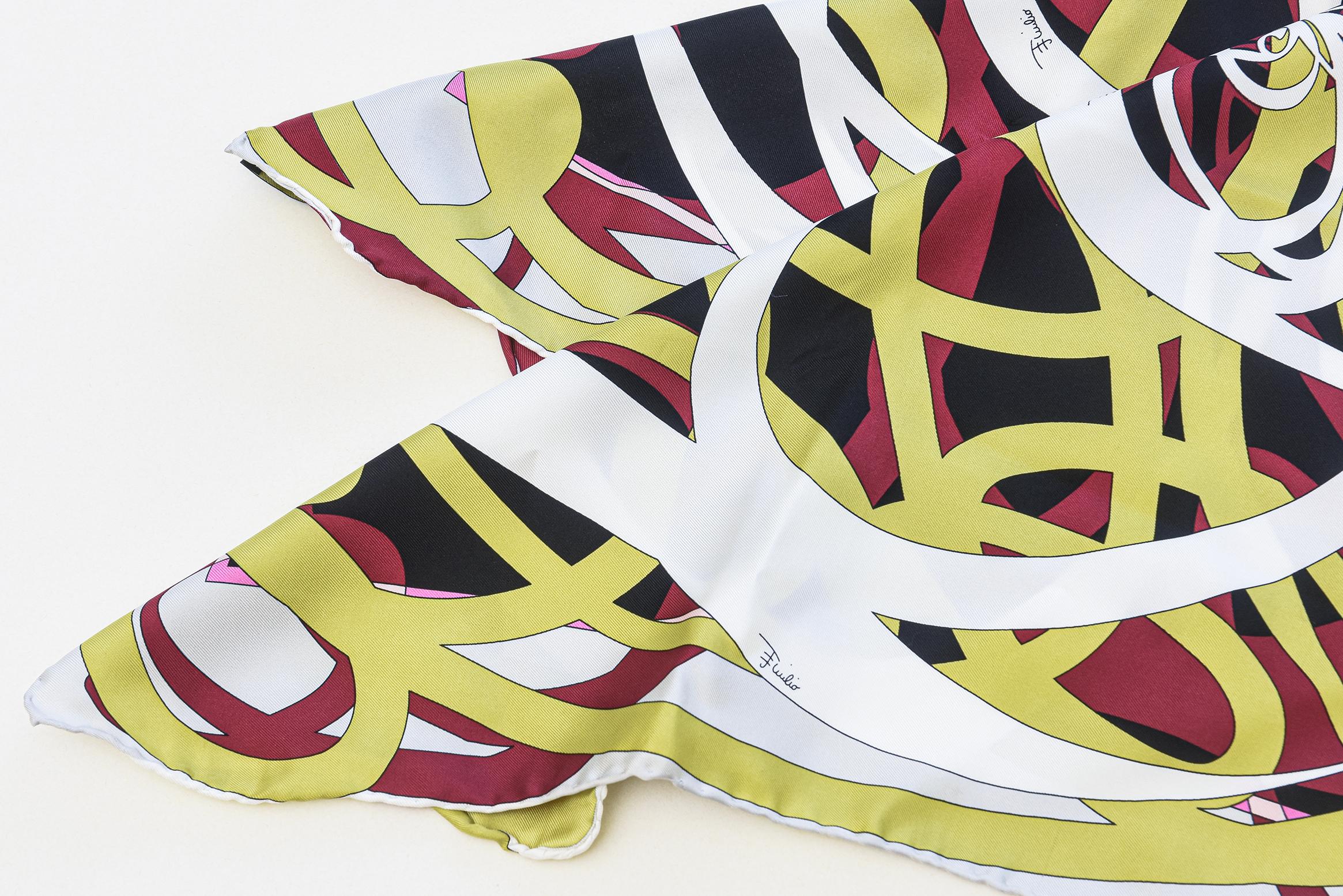 Vintage Emilio Pucci Silk Abstract Scarf Chartreuse, Magenta, Pink, Black, White In Good Condition In North Miami, FL