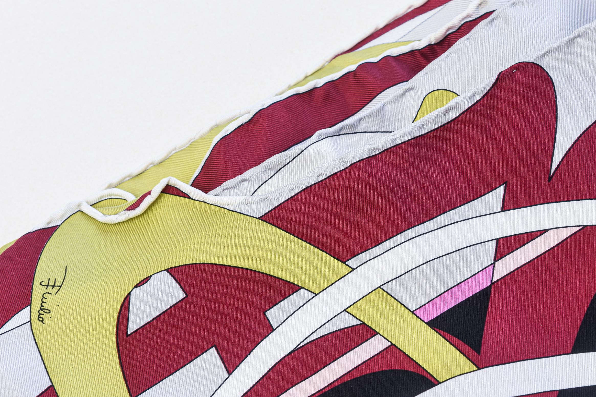 Vintage Emilio Pucci Silk Abstract Scarf Chartreuse, Magenta, Pink, Black, White 1
