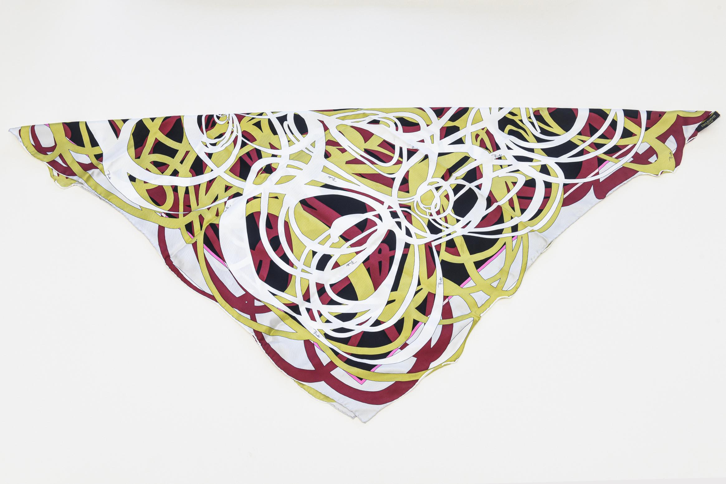 Vintage Emilio Pucci Silk Abstract Scarf Chartreuse, Magenta, Pink, Black, White 2