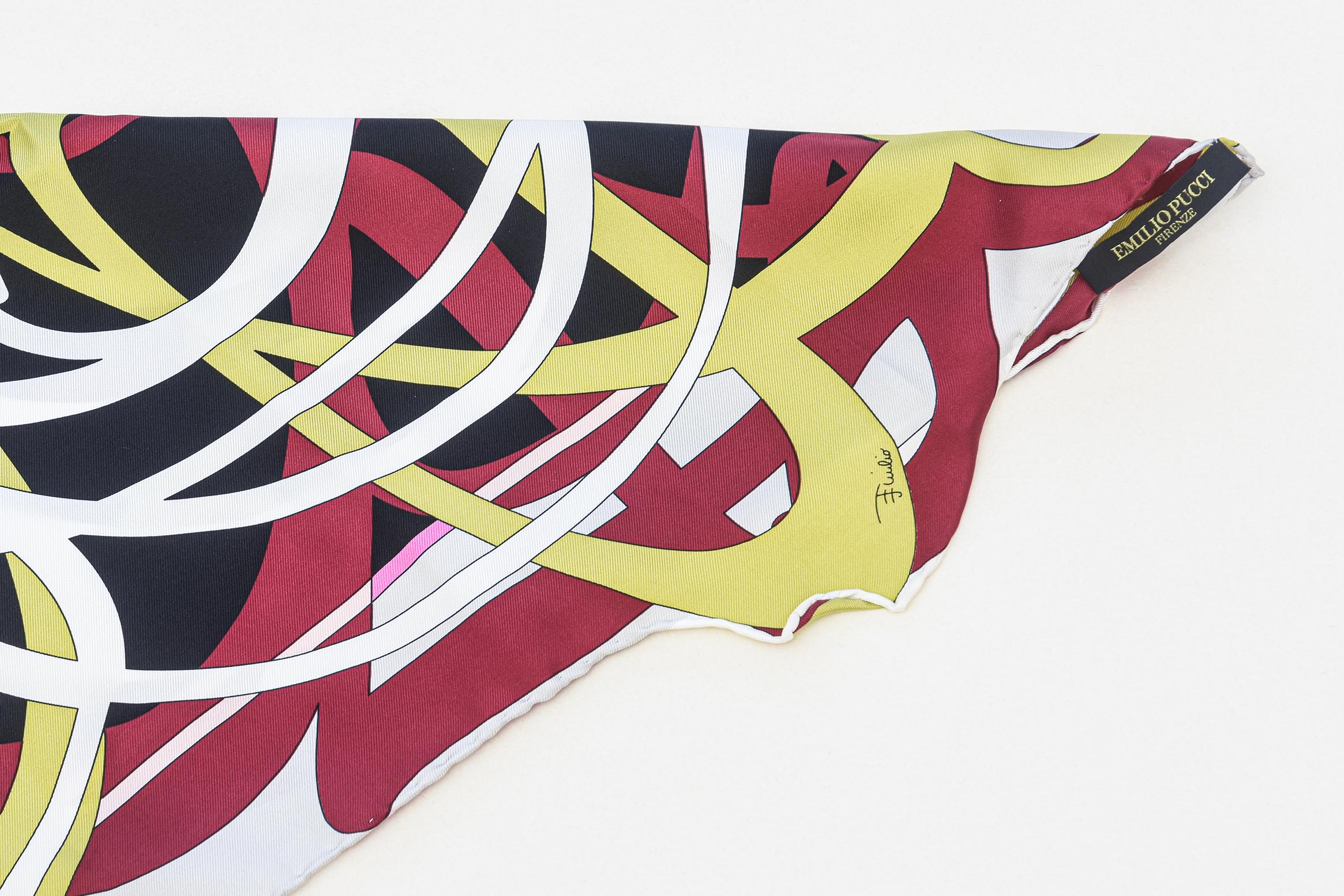 Vintage Emilio Pucci Silk Abstract Scarf Chartreuse, Magenta, Pink, Black, White 4