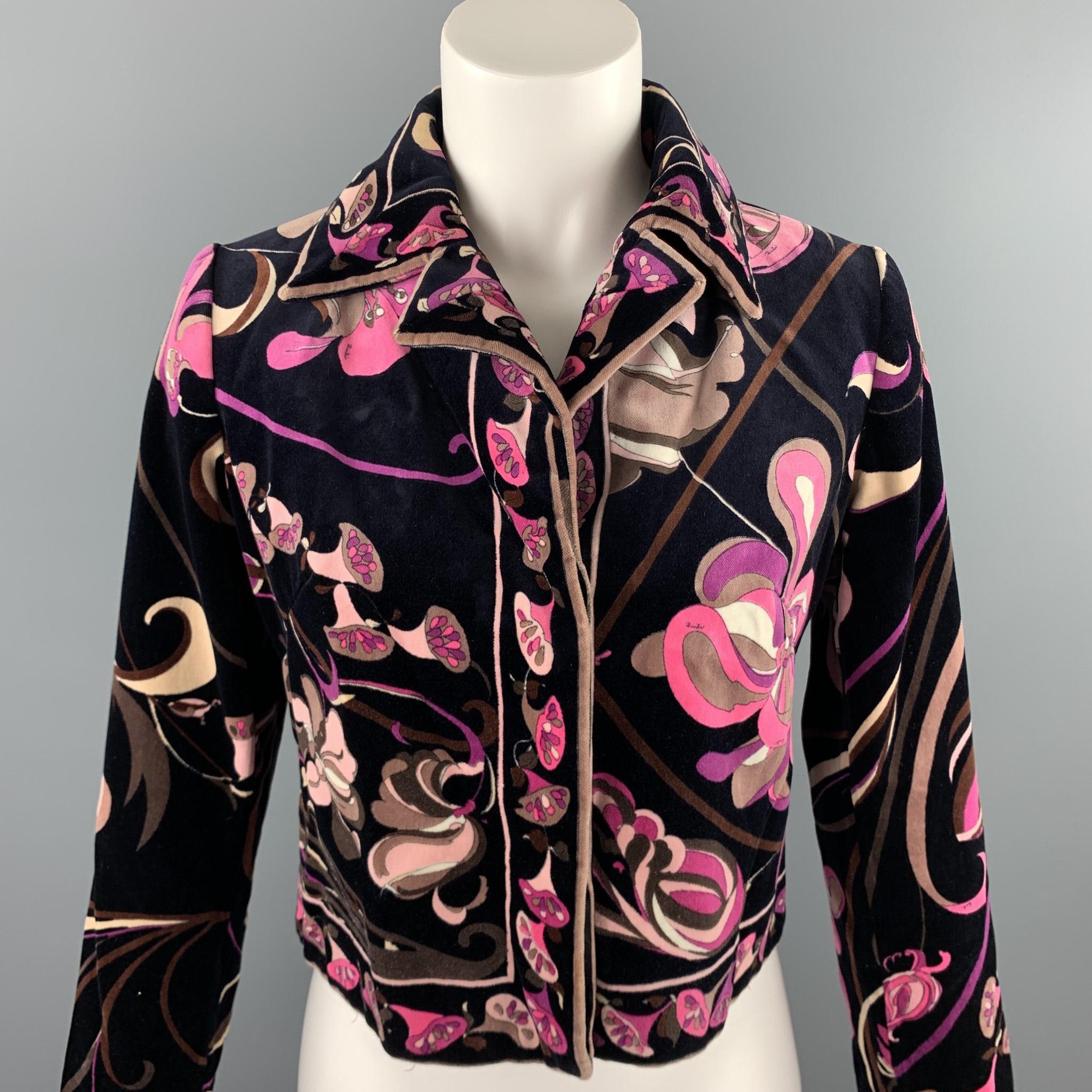 Vintage EMILIO PUCCI jacket comes in a black & pink floral velvet with a full liner featuring a cropped style, spread collar, and a hidden button closure. Minor wear. As-Is. Matching skirt sold separately. 

Very Good Pre-Owned Condition.
Marked: No