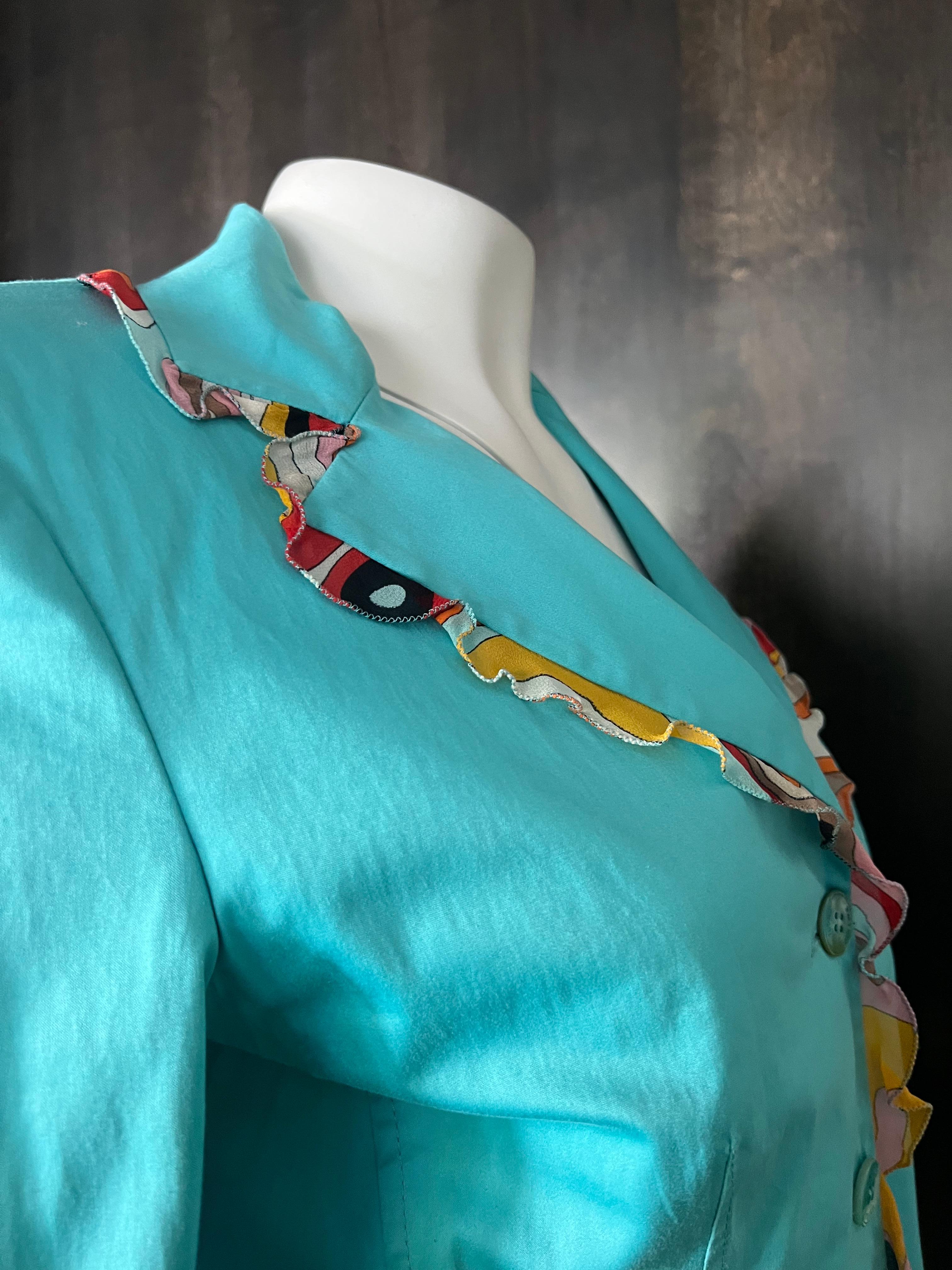 Vintage Emilio Pucci Turquoise Blazer and Pants Suit In Excellent Condition For Sale In Beverly Hills, CA