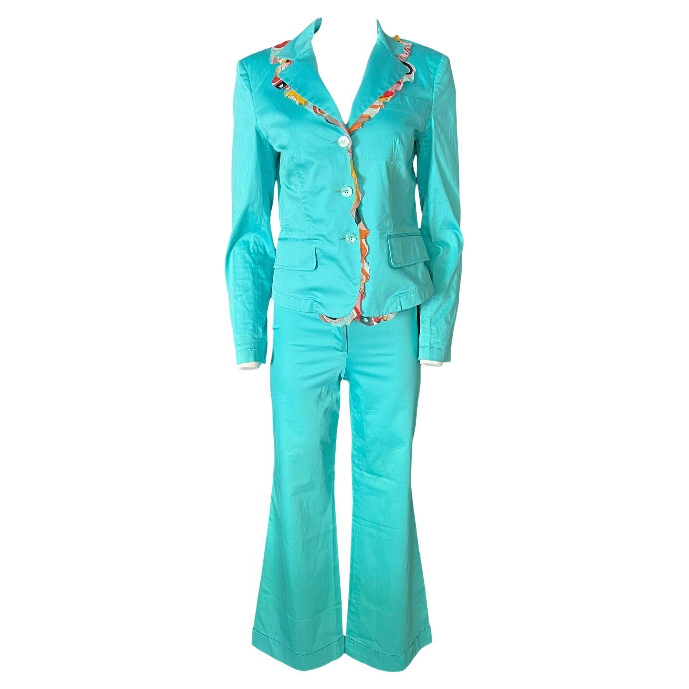 Vintage Emilio Pucci Turquoise Blazer and Pants Suit  For Sale