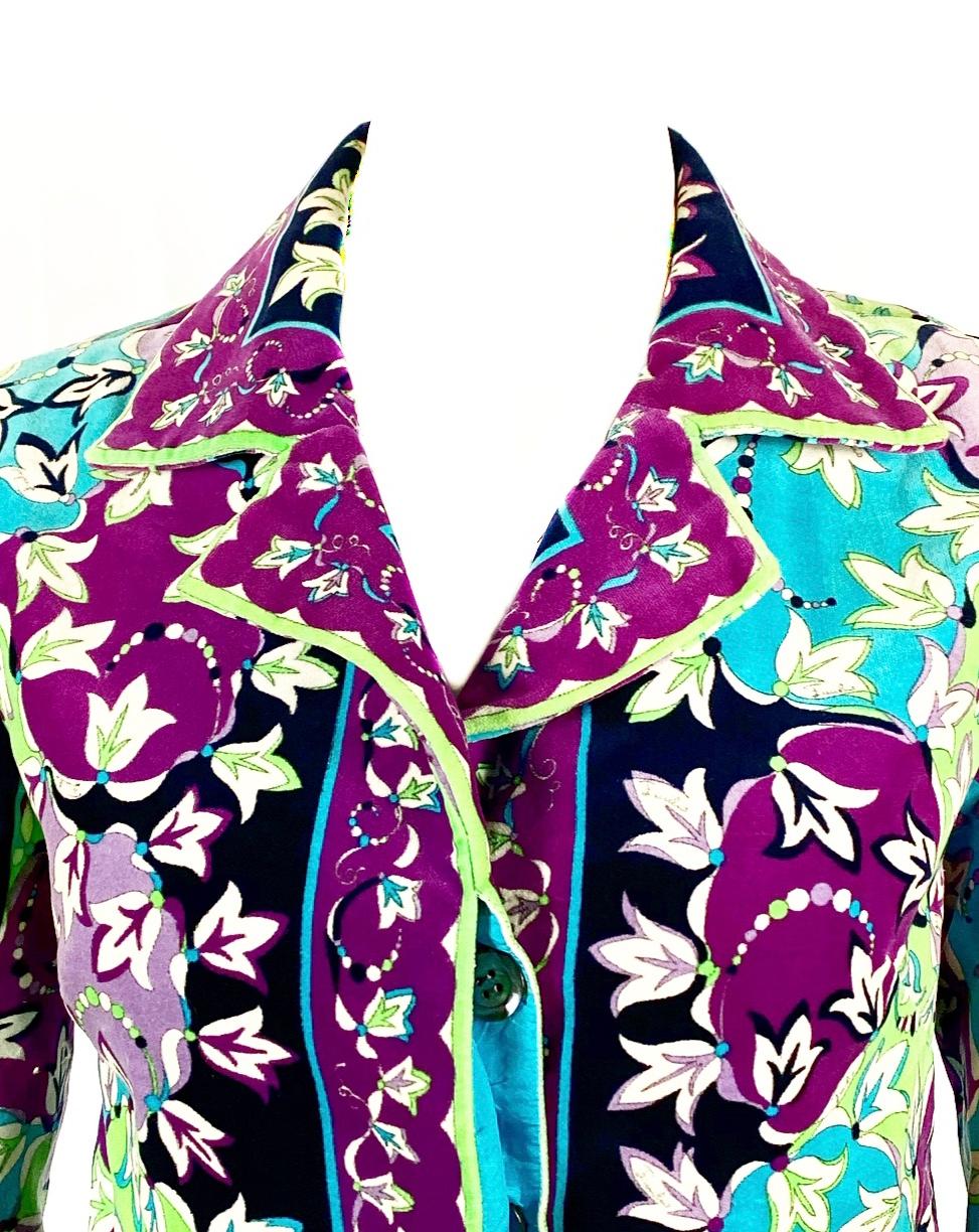 Vintage EMILIO PUCCI Velvet Floral Multi Color Jacket and Maxi Skirt Suit

Product details:
Featuring purple, blue ang green color palette 
Featuring floral print with Emilio Pucci signs 
The jacket has four buttons front closure
The skirt has a