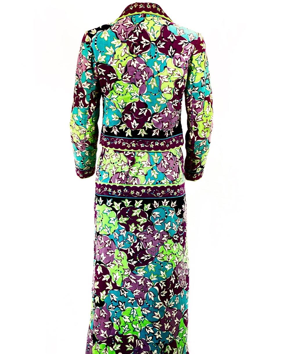 Vintage EMILIO PUCCI Velvet Floral Multi Color Jacket and Maxi Skirt Suit  In Excellent Condition In Beverly Hills, CA
