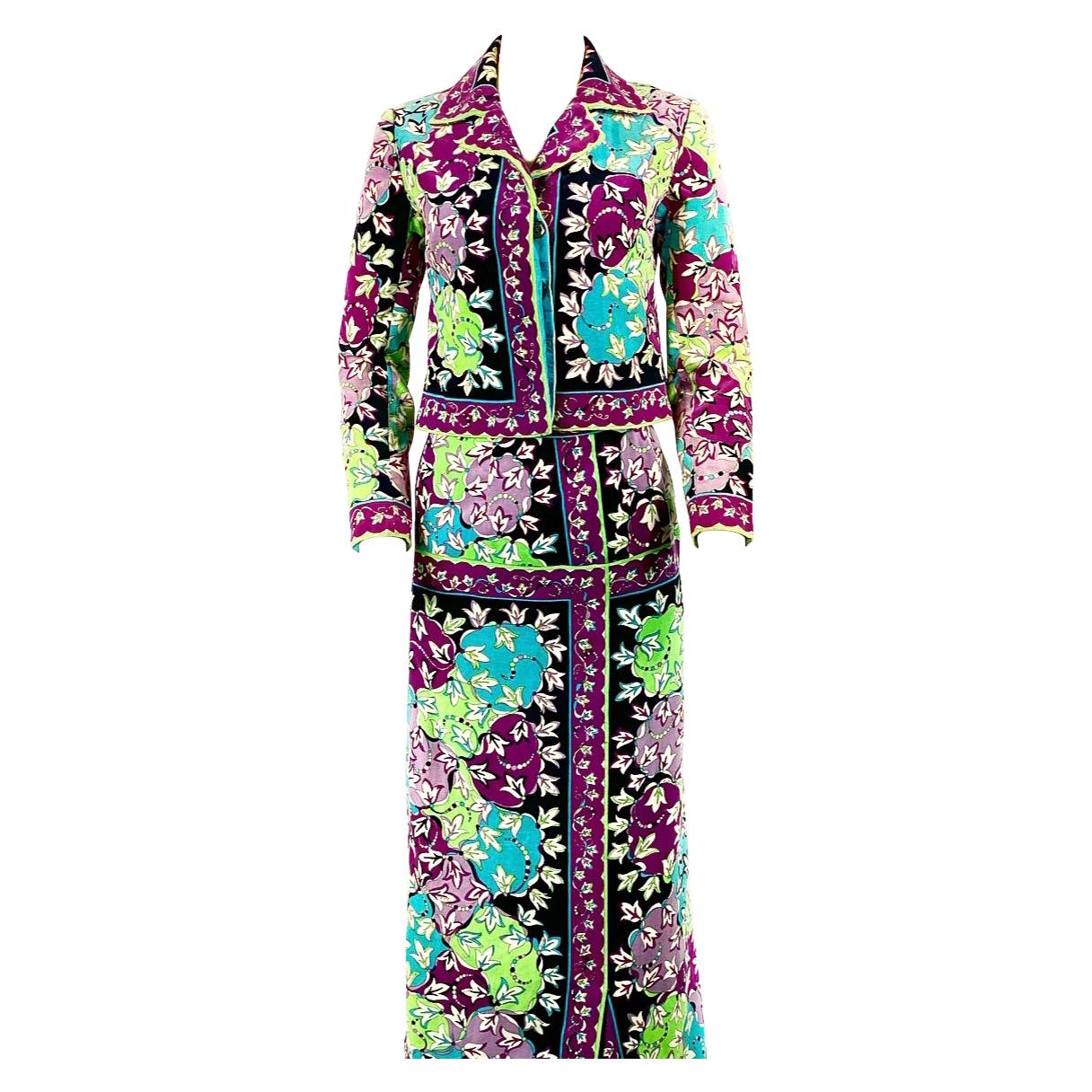 Vintage EMILIO PUCCI Velvet Floral Multi Color Jacket and Maxi Skirt Suit 