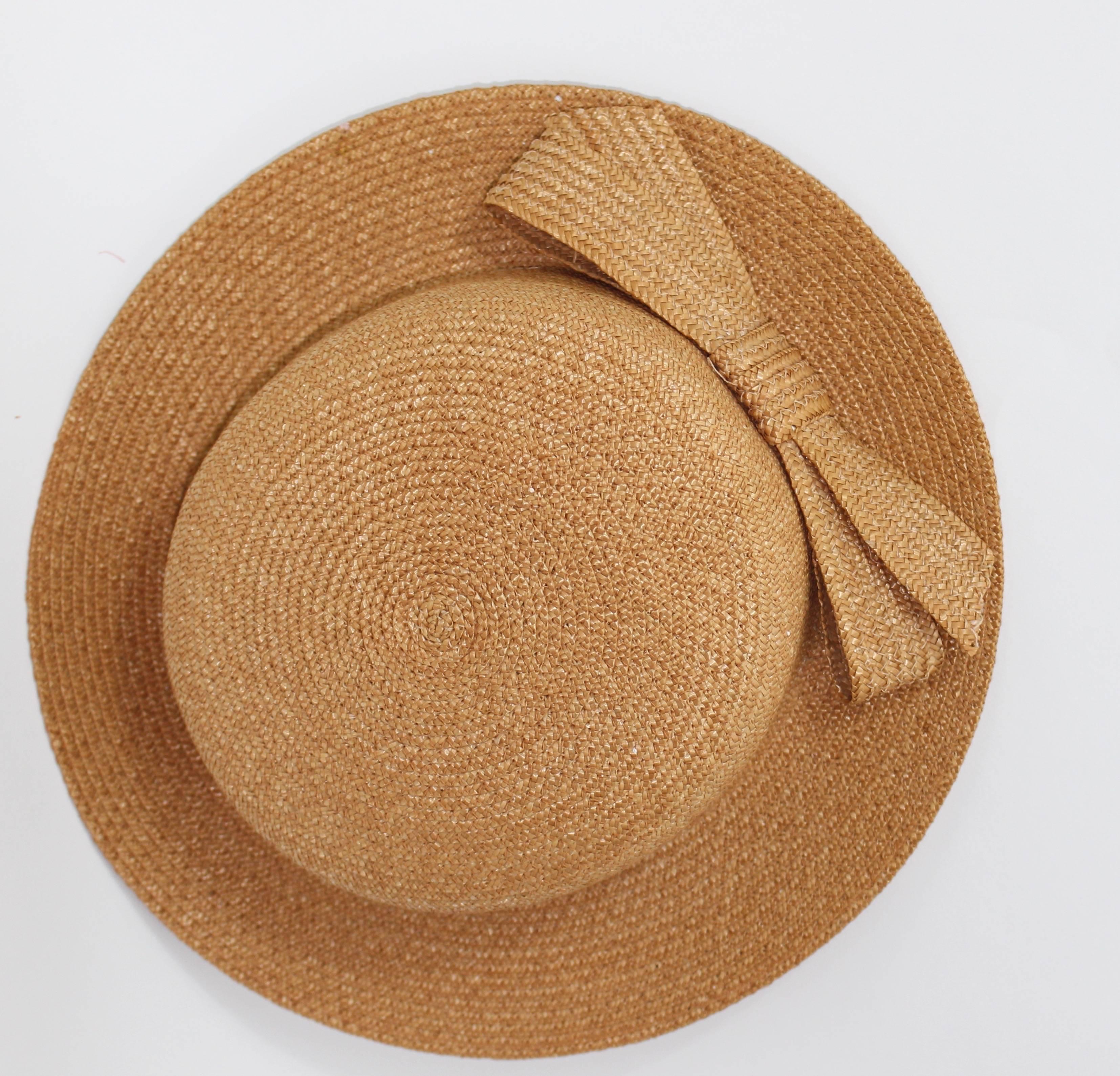 Brown Vintage Emillio Pucci Woven Straw Tan Hat with Bow For Sale