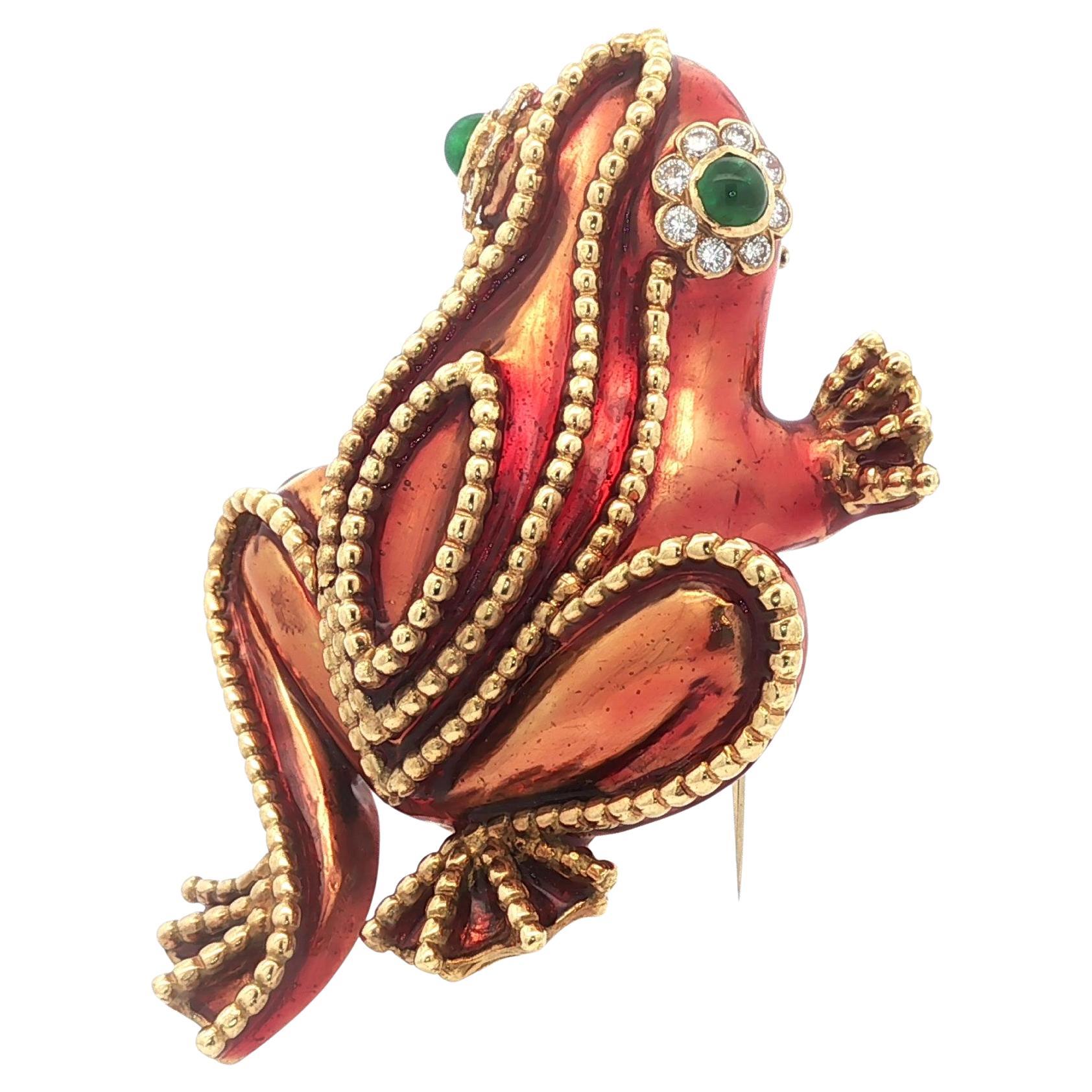 Spilla d
epoca Emis Beros in oro 18k con smeraldo e diamanti smaltati, grande rana e rospo