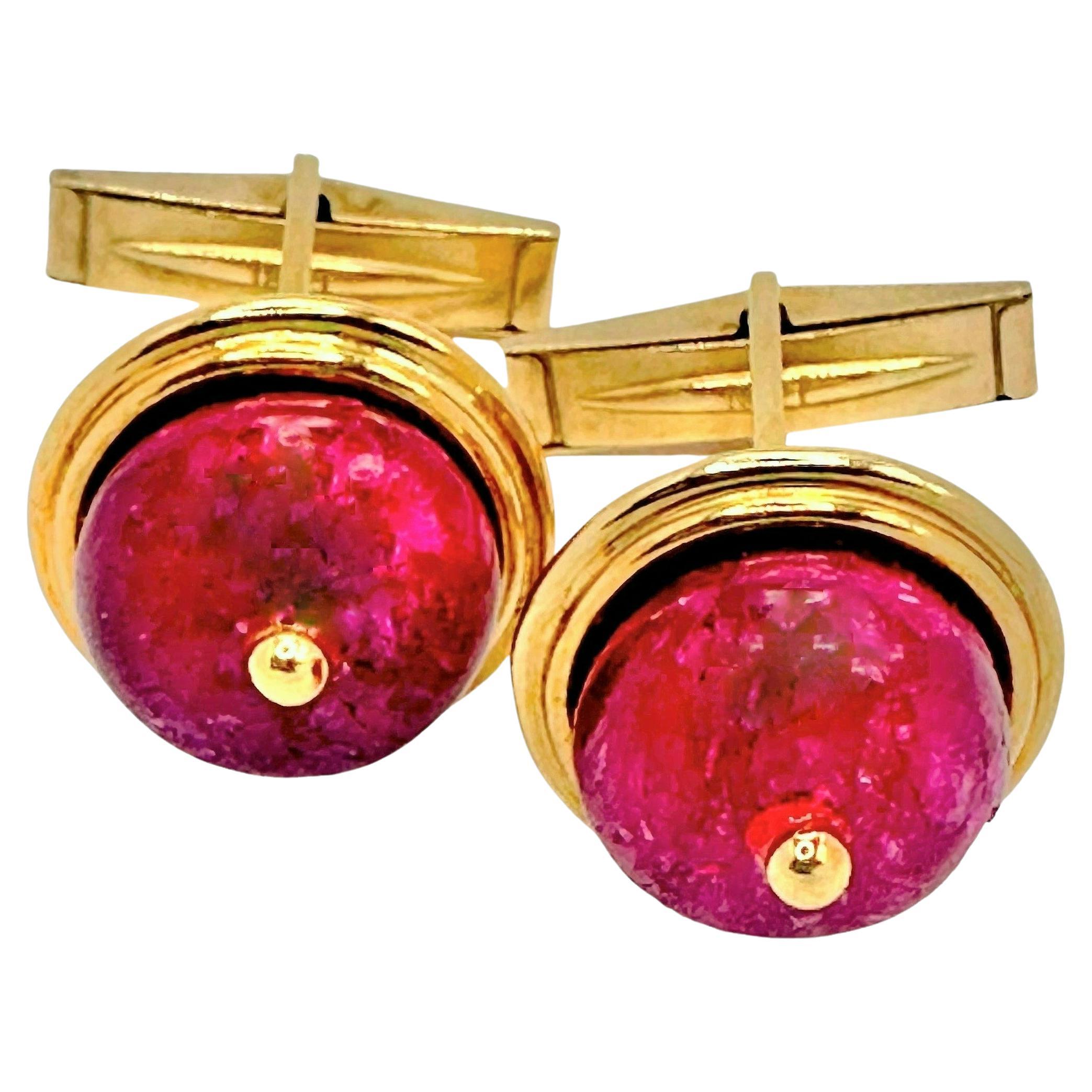 Vintage Emis Beros Gold Cuff Links with Vivid Ruby Bead Centers For Sale