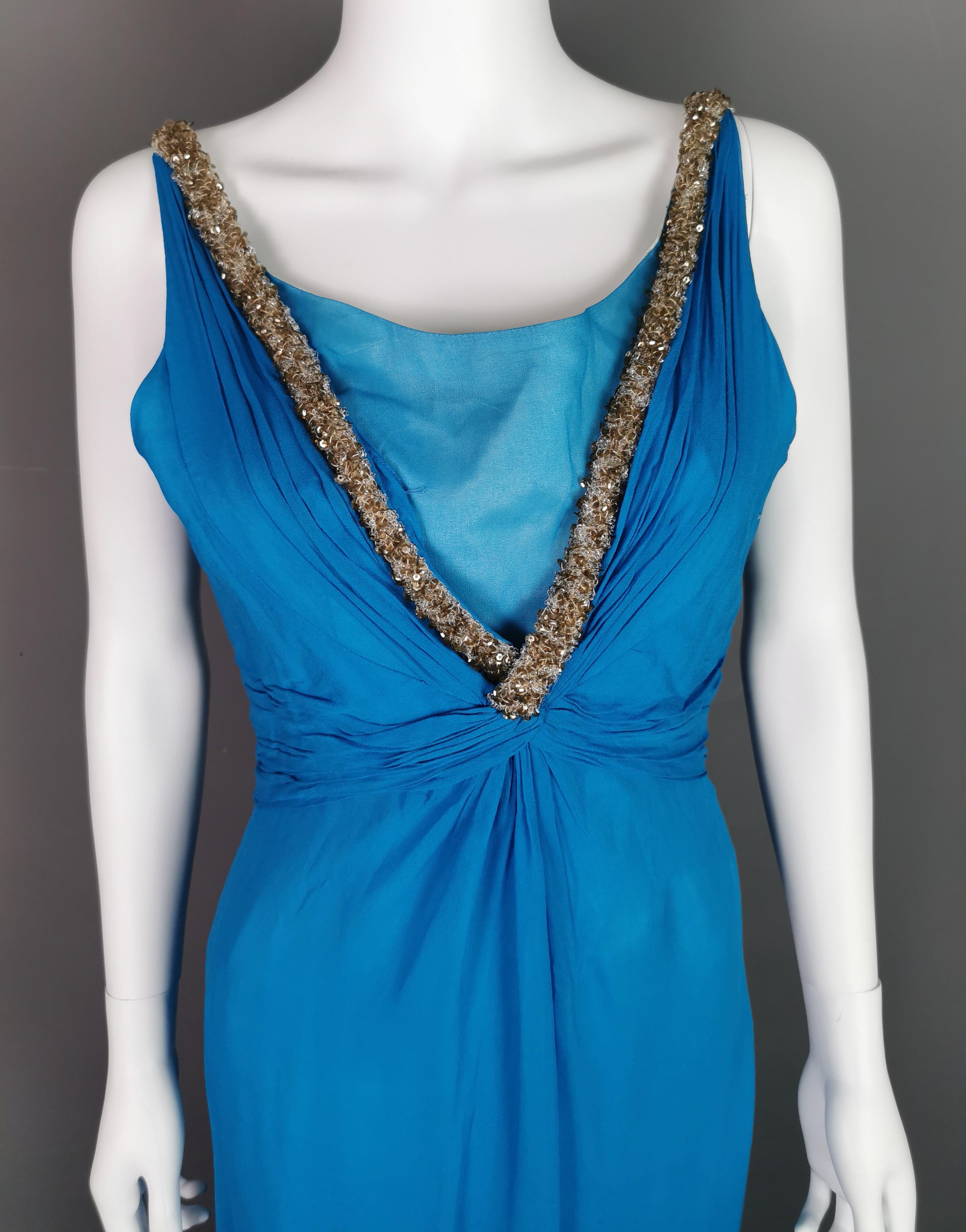 Vintage Emma Domb blue silk chiffon evening dress  In Good Condition For Sale In NEWARK, GB