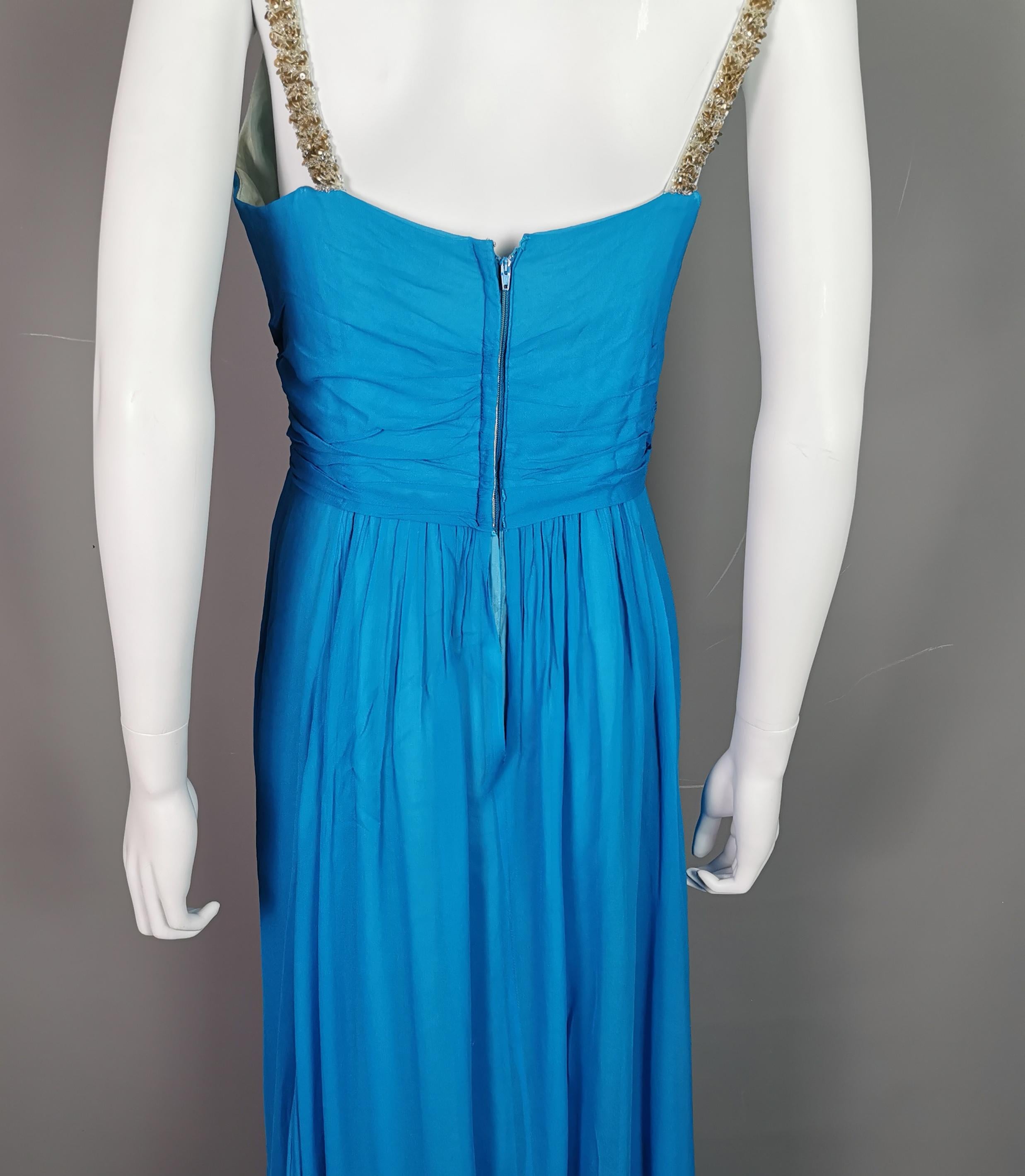 Robe de soirée vintage Emma Domb en mousseline de soie bleue  Pour femmes en vente