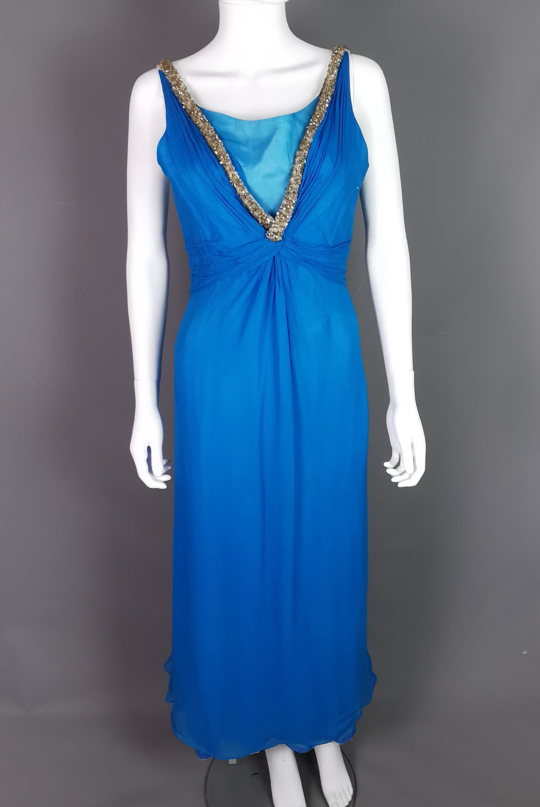 Robe de soirée vintage Emma Domb en mousseline de soie bleue  en vente 3