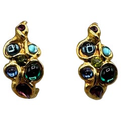 Vintage Emmanuel Ungaro 1980s Gold & Multi Color Glass Cabochon Earrings
