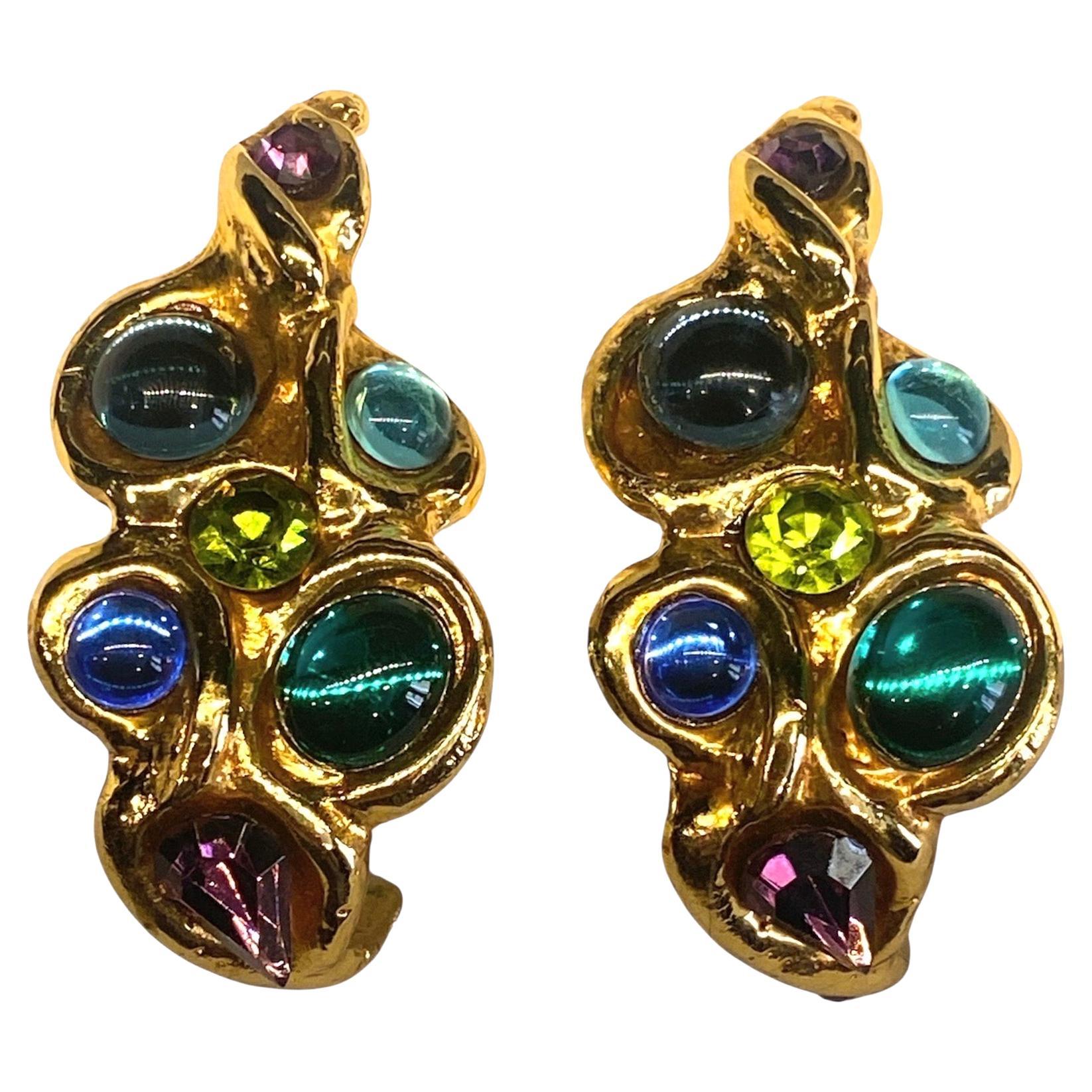 Vintage Emmanuel Ungaro 1980 Boucles d'oreilles or et cabochon de verre multicolore
