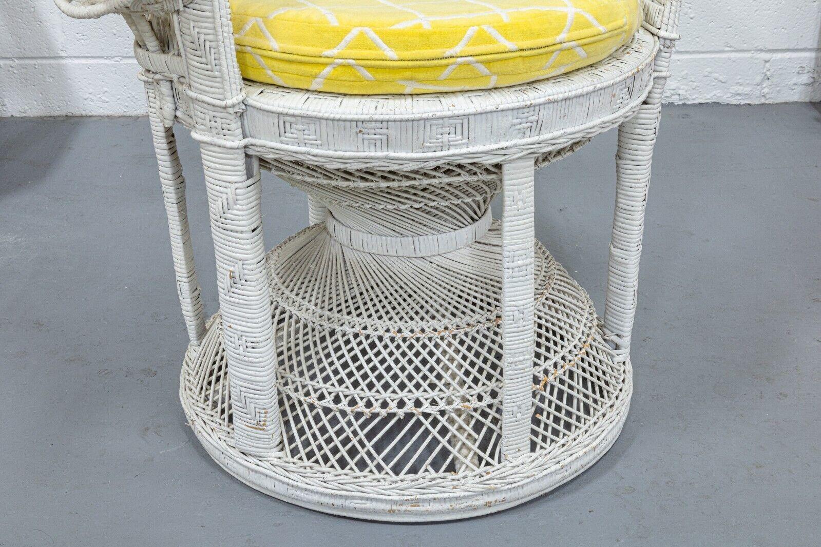 Vintage Emmanuel White Wicker Peacock Accent Chair with Yellow Seat Cushion 6