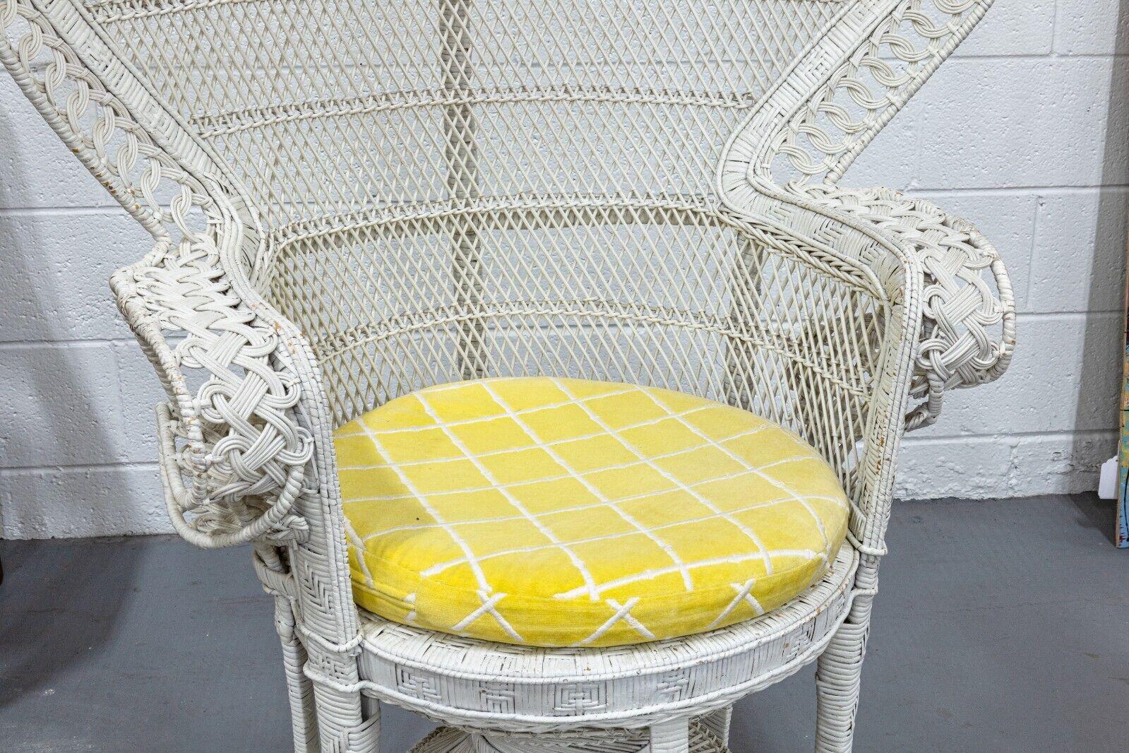 Vintage Emmanuel White Wicker Peacock Accent Chair with Yellow Seat Cushion 2