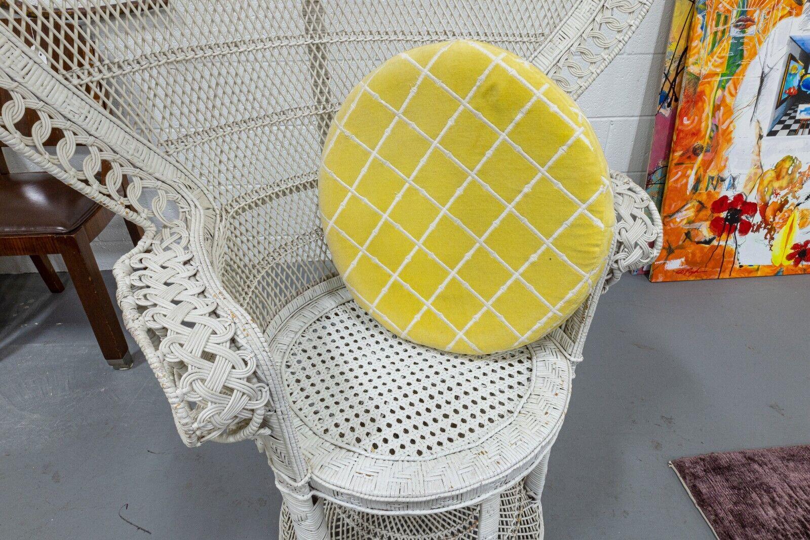Vintage Emmanuel White Wicker Peacock Accent Chair with Yellow Seat Cushion 5