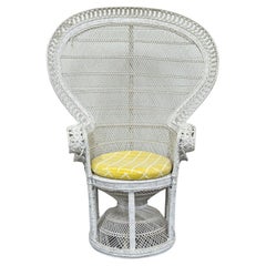 Vintage Emmanuel White Wicker Peacock Accent Chair with Yellow Seat Cushion