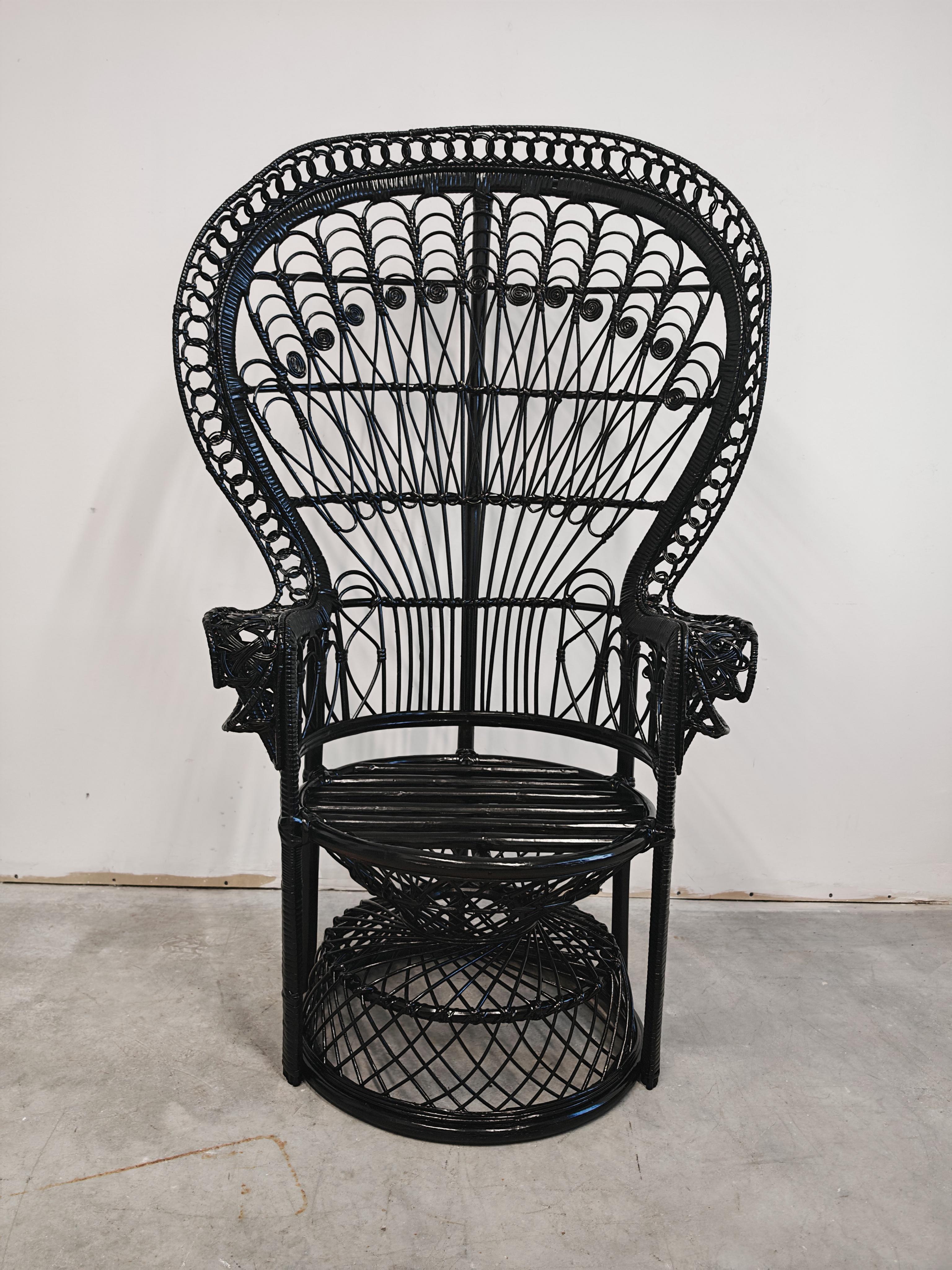 Vintage Emmanuelle Chair done in rattan, black lacquer, France 1970s For Sale 5