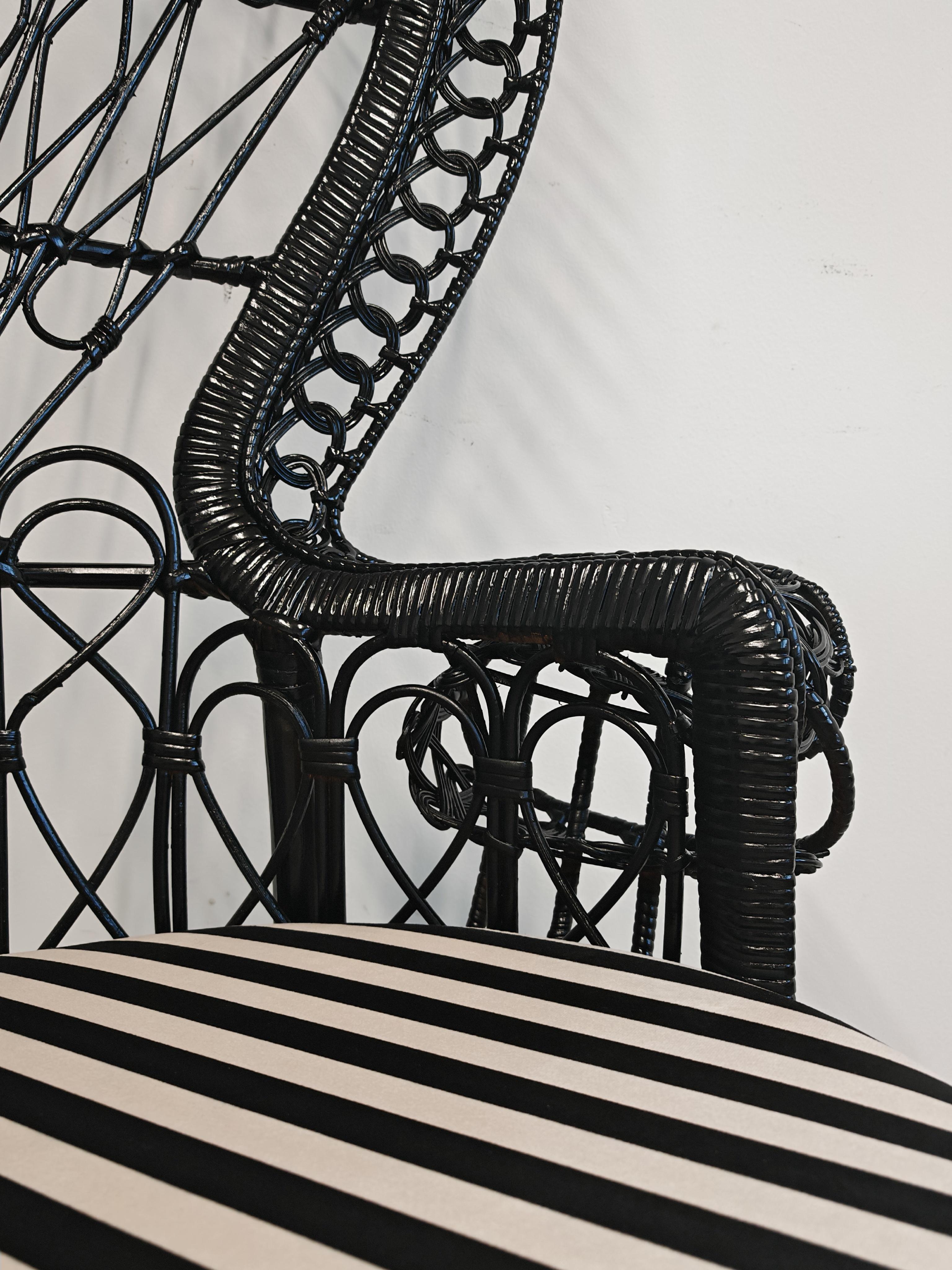 Fabric Vintage Emmanuelle Chair done in rattan, black lacquer, France 1970s For Sale