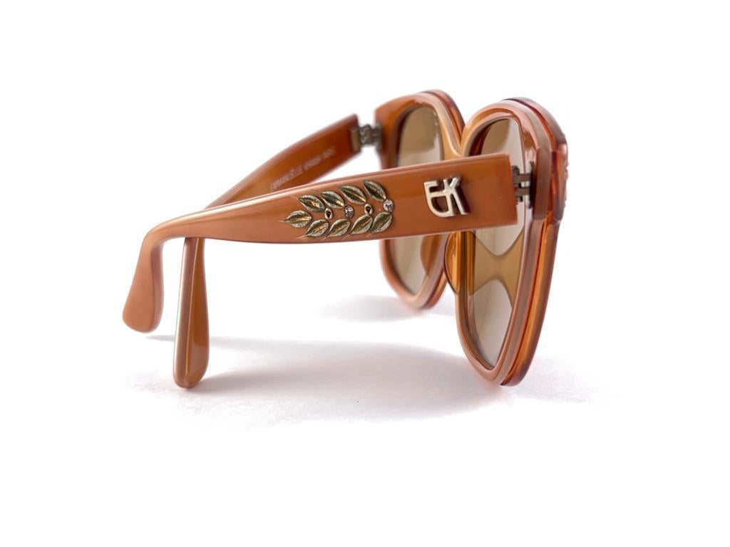 Vintage Emmanuelle Khanh 8080 Tan Ochre Flower Accents France 1970'S Sunglasses For Sale 1