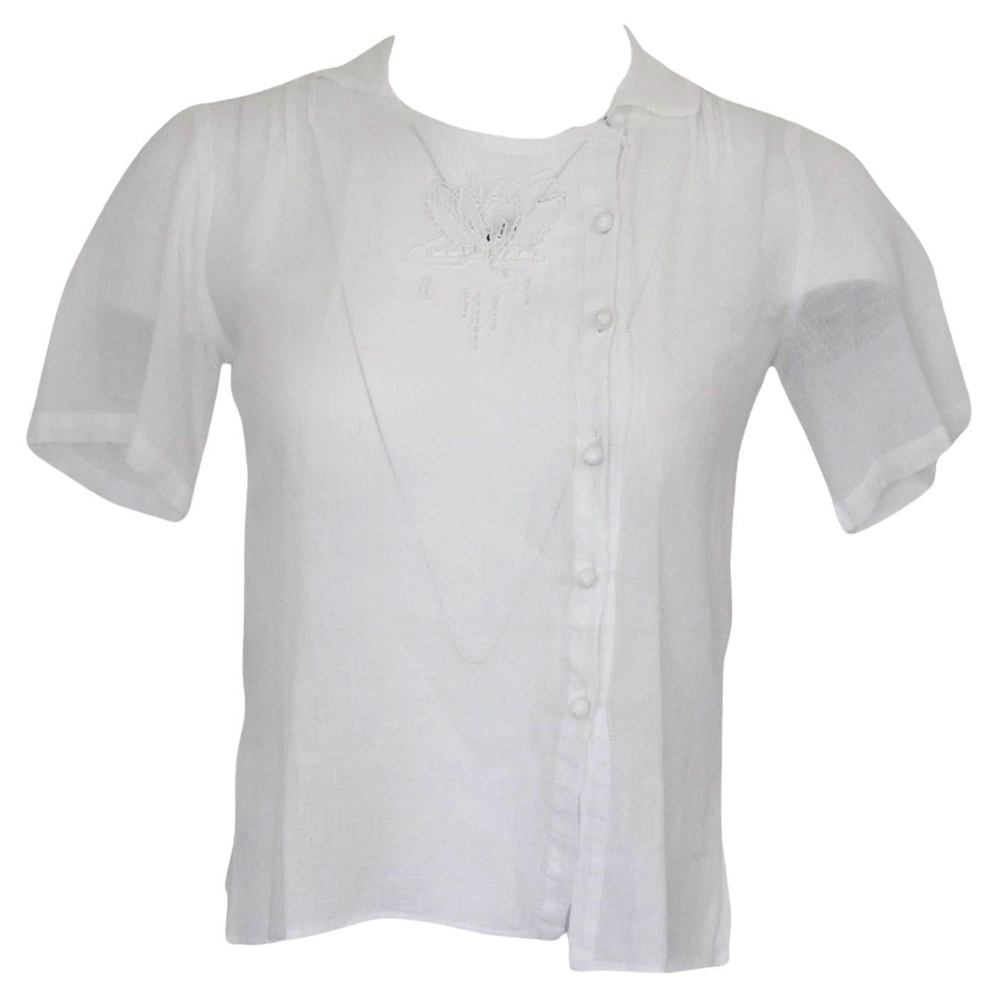 Vintage Emmanuelle Khanh White Linen Blouse RARE sz S For Sale