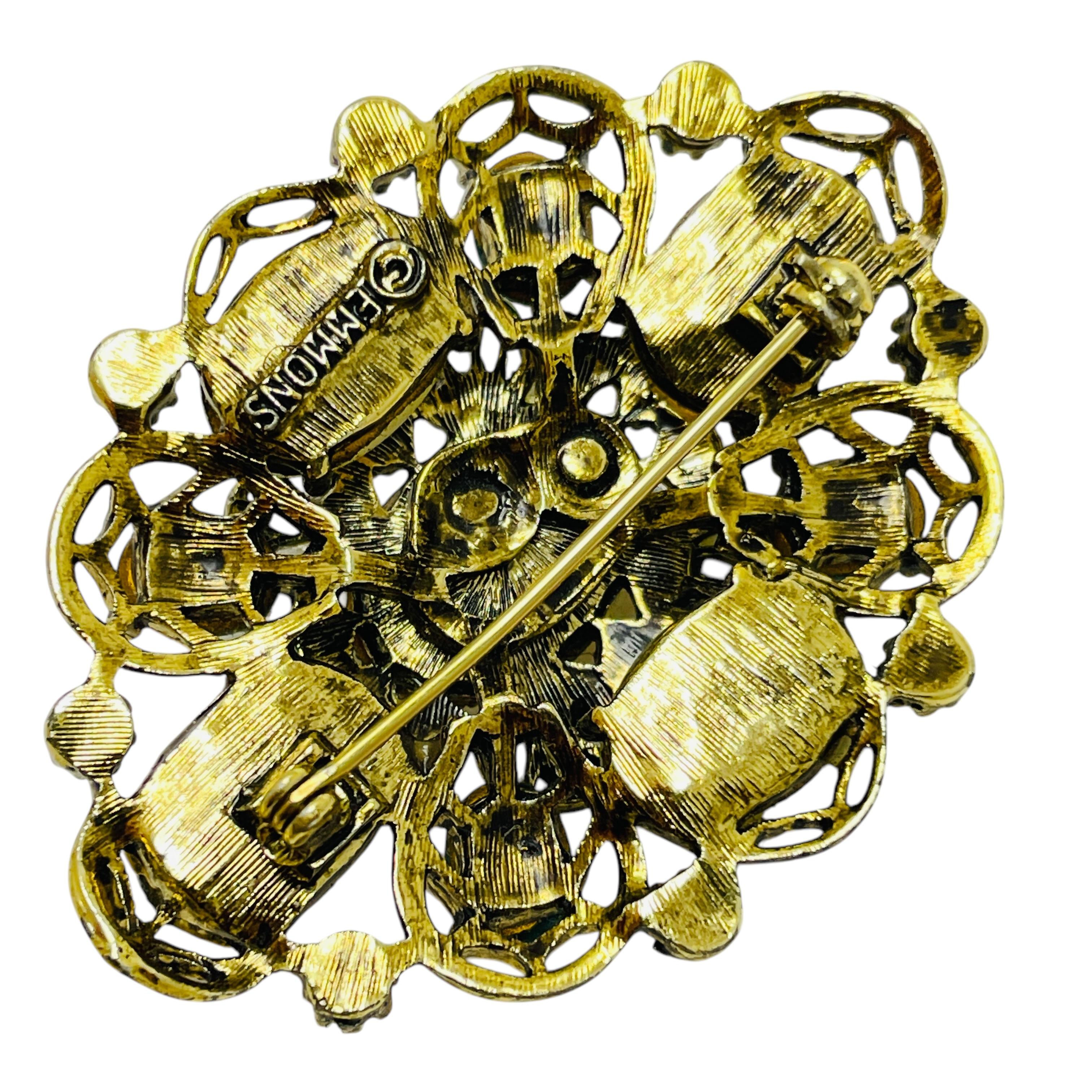 Vintage EMMONS signed gold tone rhinestones cabs designer brooch In Good Condition For Sale In Palos Hills, IL