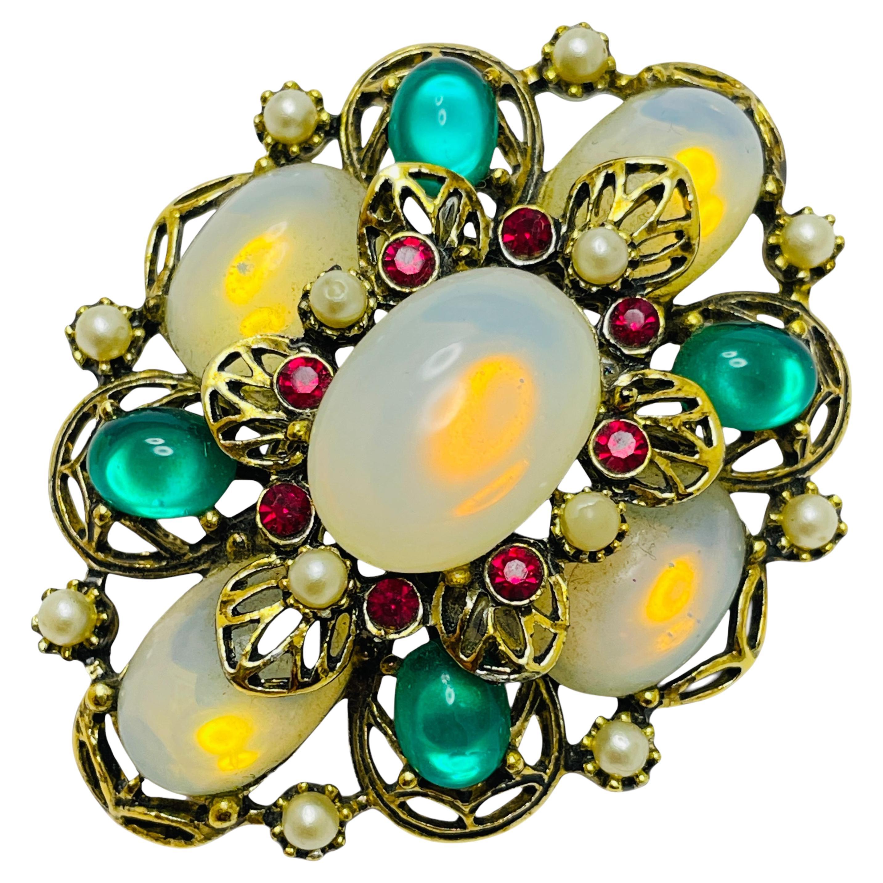 Vintage EMMONS signed gold tone rhinestones cabs designer brooch