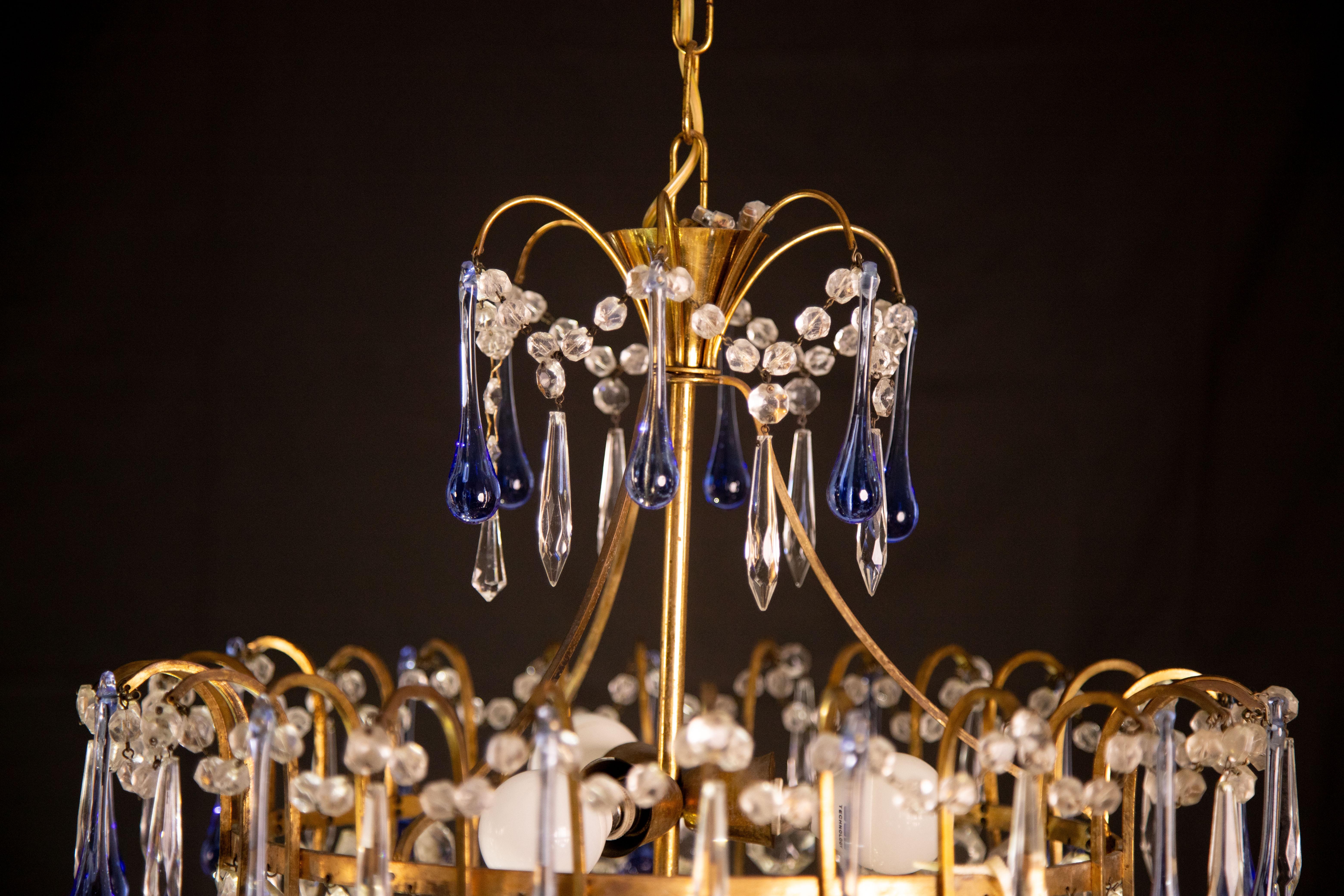 Vintage Emperor Style Chandelier, Blu Murano Drops, 1960s For Sale 6