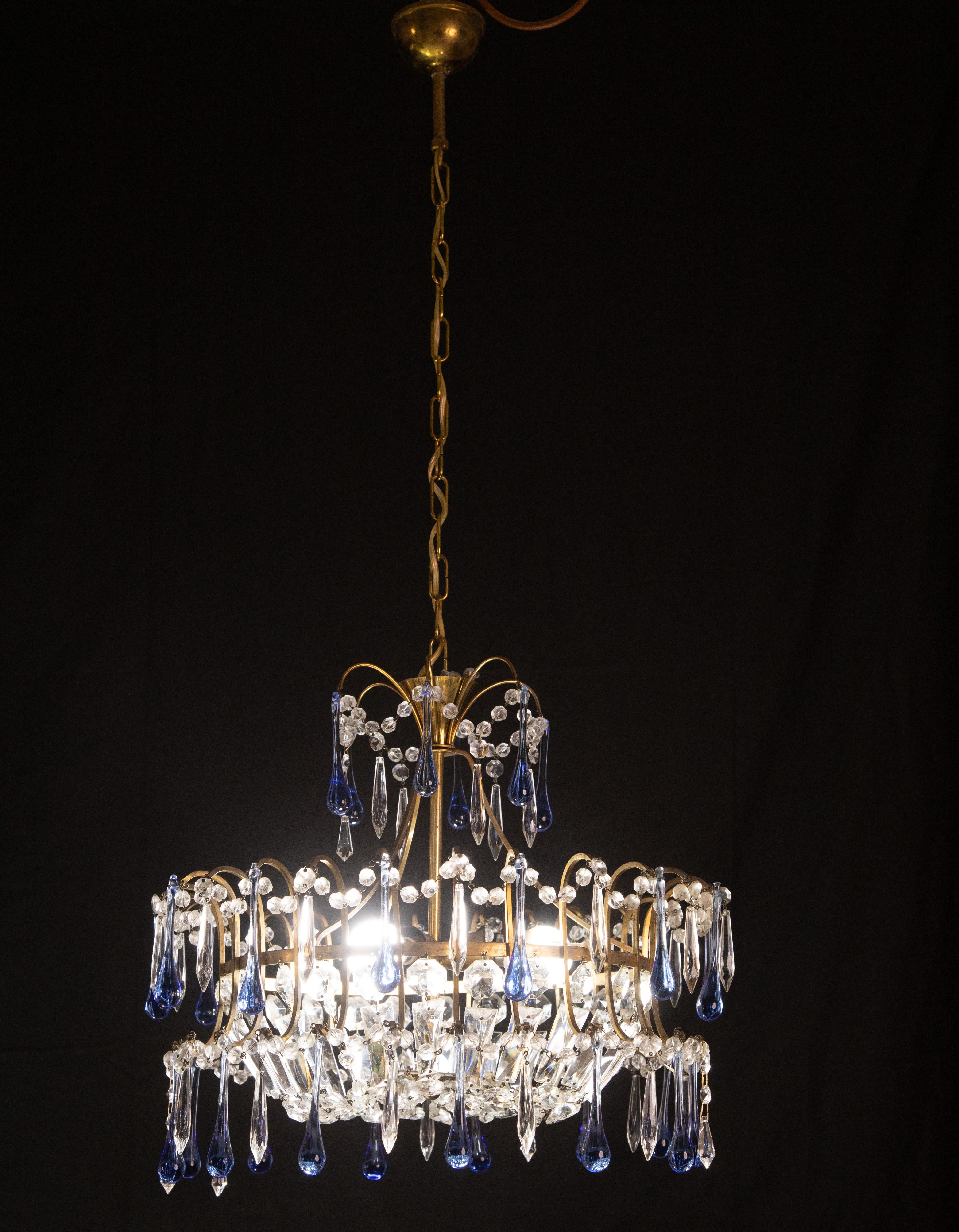 Lustre vintage de style empereur, gouttes de Murano bleues, années 1960 Bon état - En vente à Roma, IT