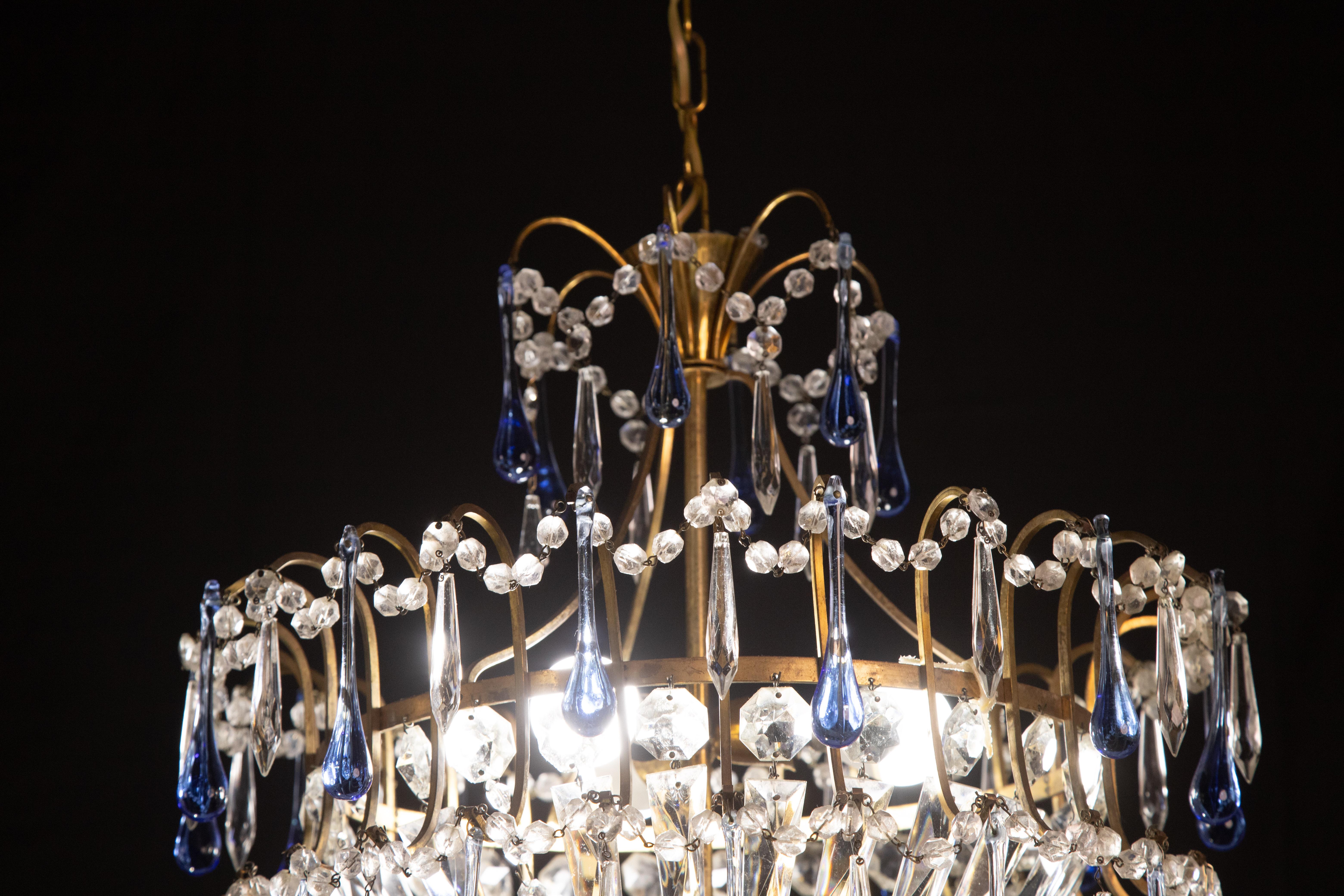 Crystal Vintage Emperor Style Chandelier, Blu Murano Drops, 1960s For Sale