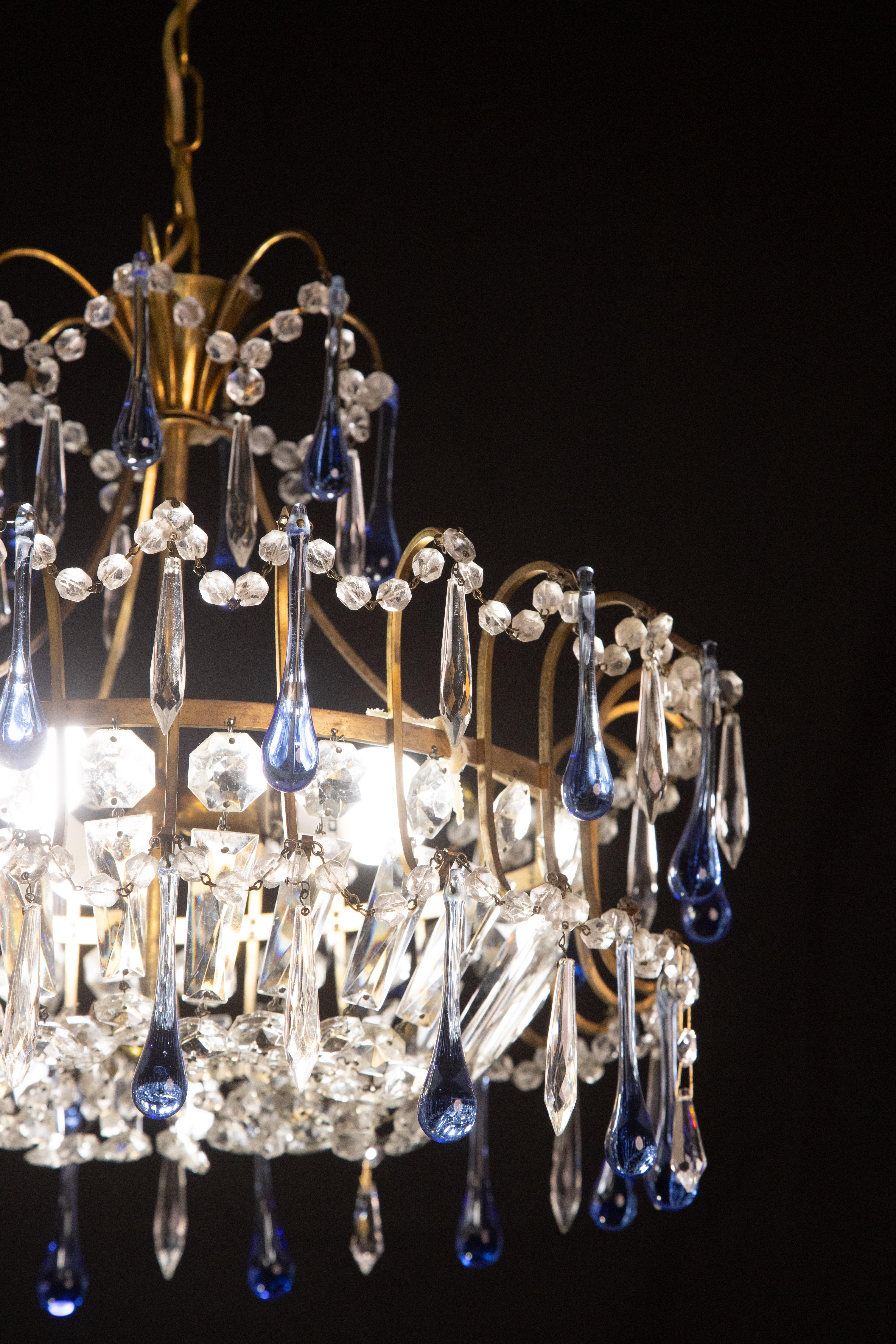 Vintage Emperor Style Chandelier, Blu Murano Drops, 1960s For Sale 2