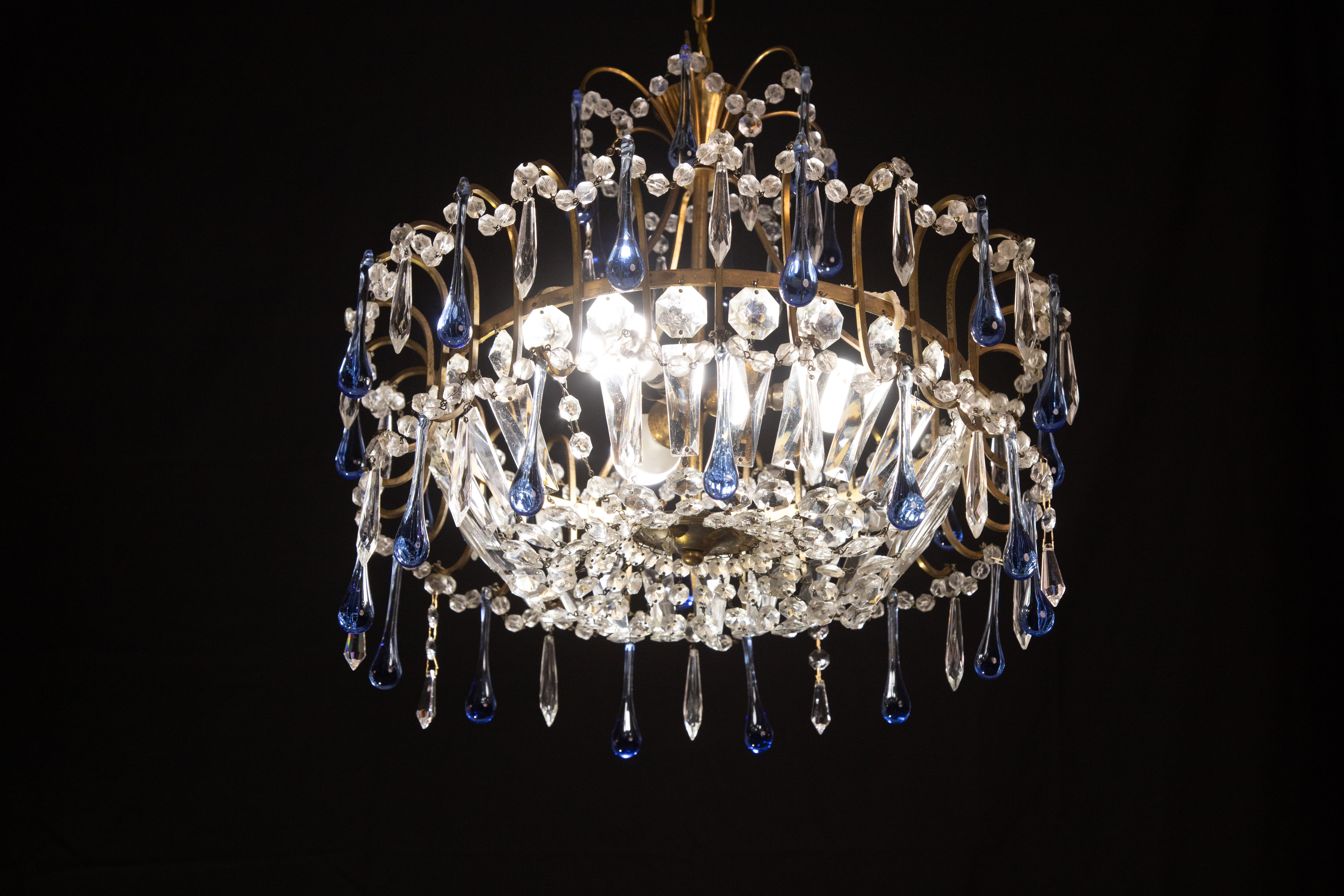 Vintage Emperor Style Chandelier, Blu Murano Drops, 1960s For Sale 3