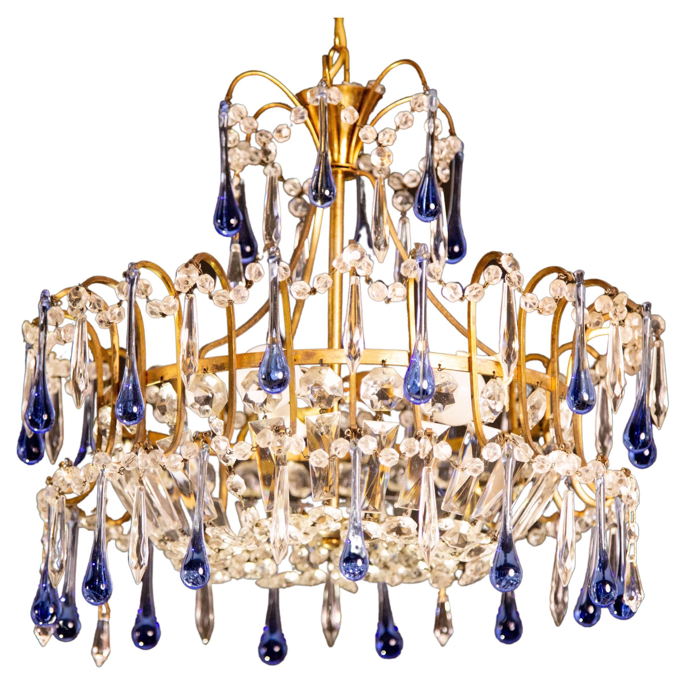 Vintage Emperor Style Chandelier, Blu Murano Drops, 1960s For Sale