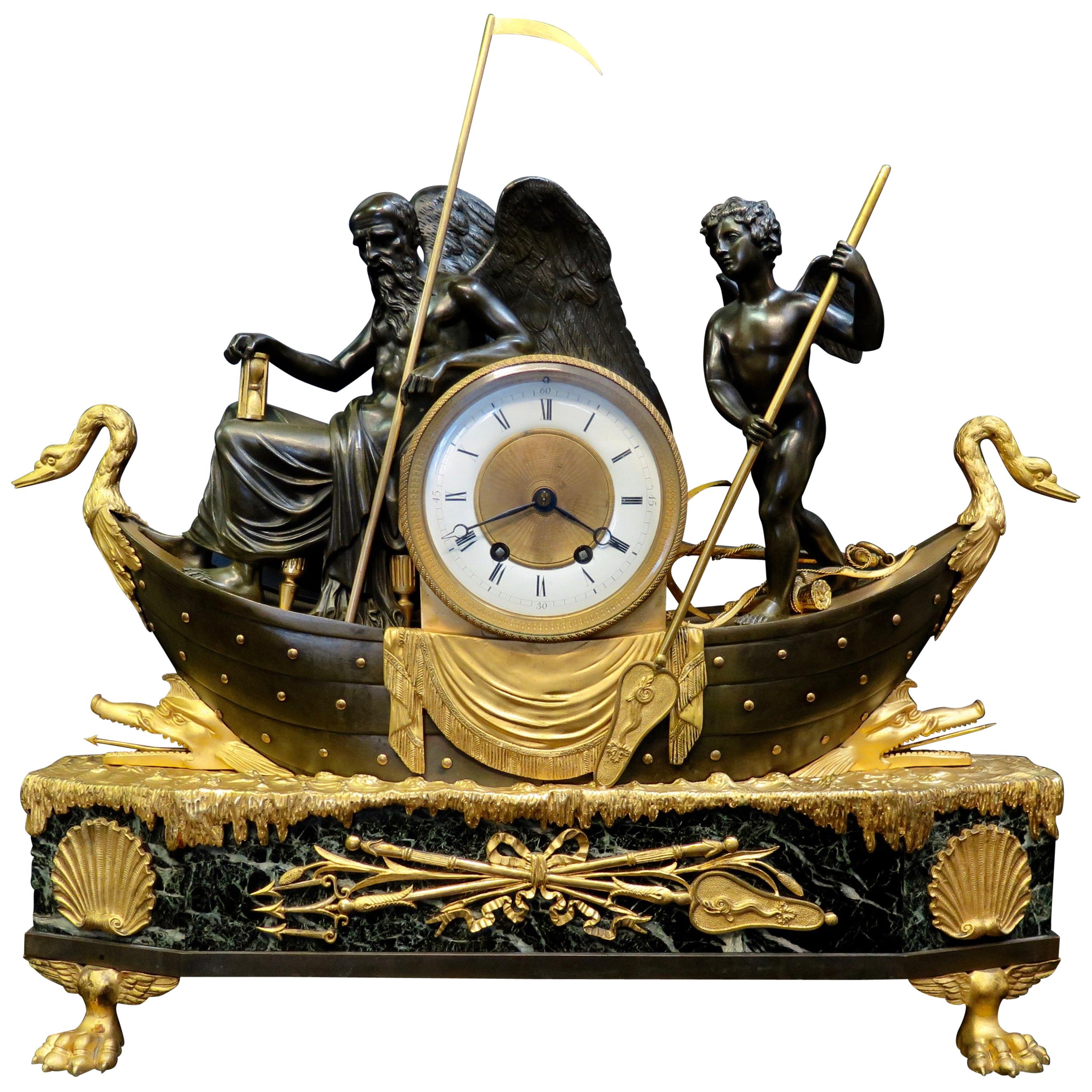 Vintage Empire Bronze and Marble Clock with Father Time