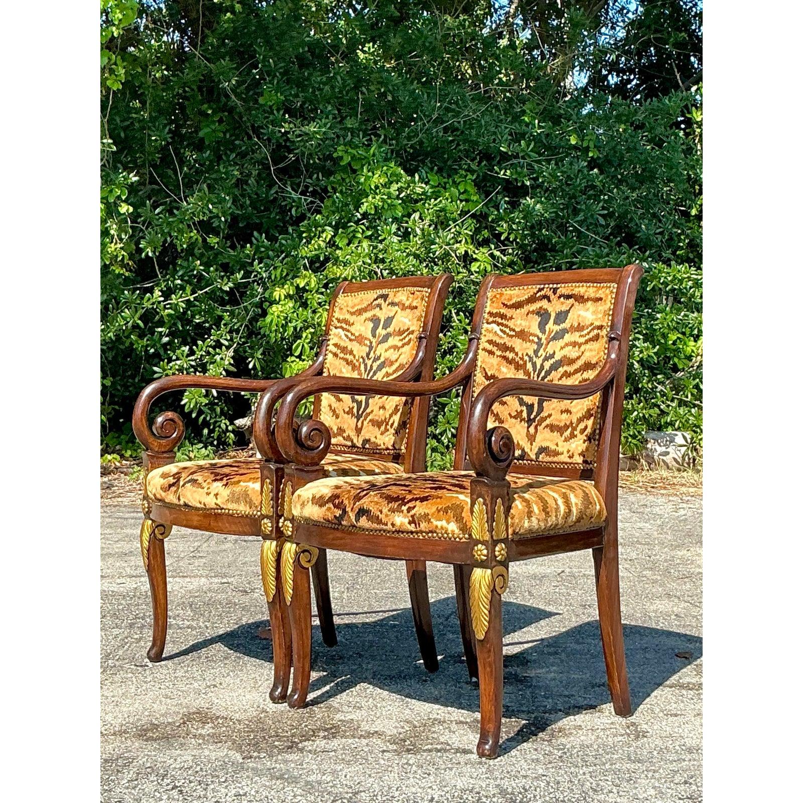 Vintage Empire Gilt Tipped Scalamandre Tiger Fauteuil Chairs - A Pair For Sale 3