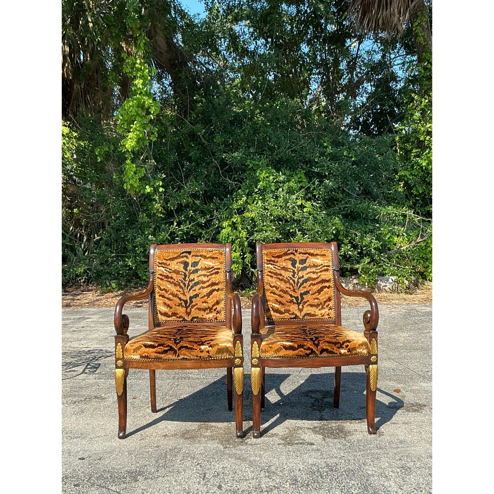 Vintage Empire Gilt Tipped Scalamandre Tiger Fauteuil Chairs - A Pair For Sale 4