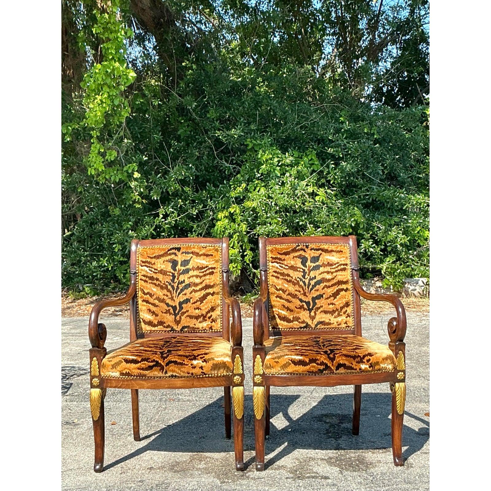 Hollywood Regency Vintage Empire Gilt Tipped Scalamandre Tiger Fauteuil Chairs - A Pair For Sale